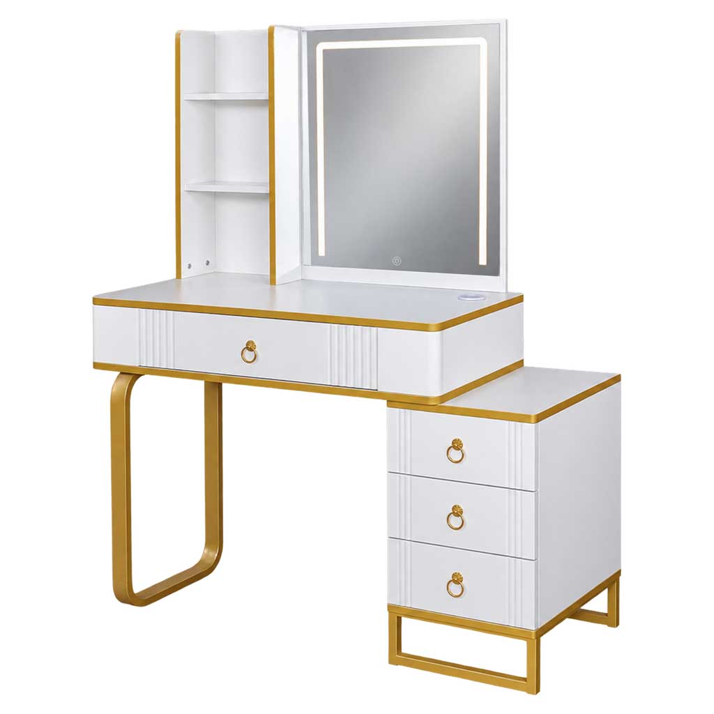Kosmetinis staliukas su LED veidrodžiu ir USB įkrovimo panele, baltas su auksinėmis detalėmis, 138 x 87 x 40 cm