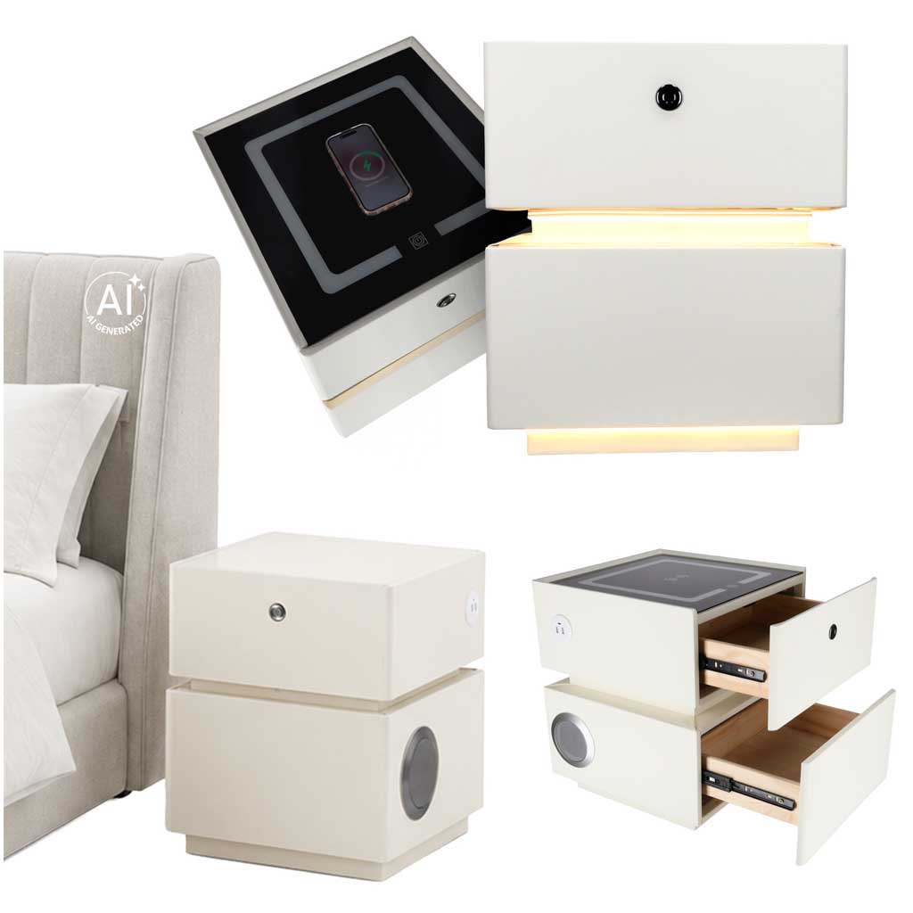 Naktinis staliukas su pirštų atspaudų spyna ir LED apšvietimu, ekru, 47,5 x 41 x 40,2 cm