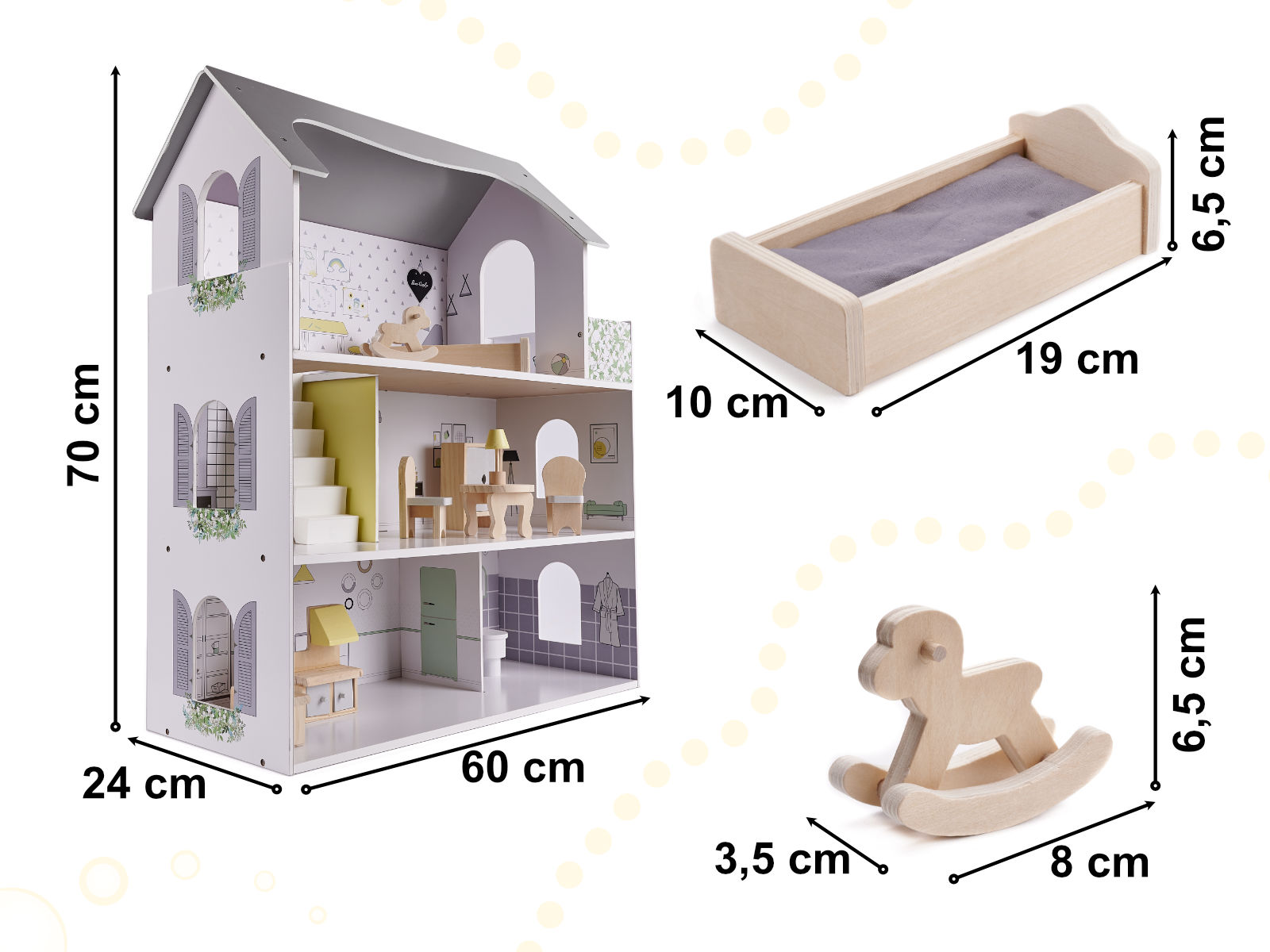 Medinis lėlių namelis mdf 70cm su baldais