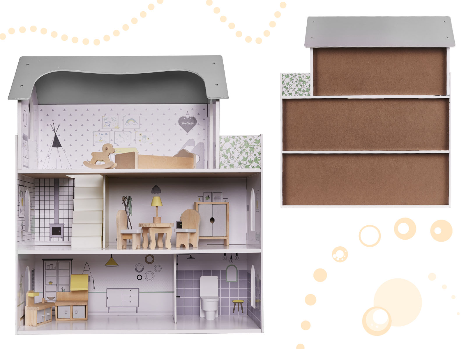 Medinis lėlių namelis mdf 70cm su baldais