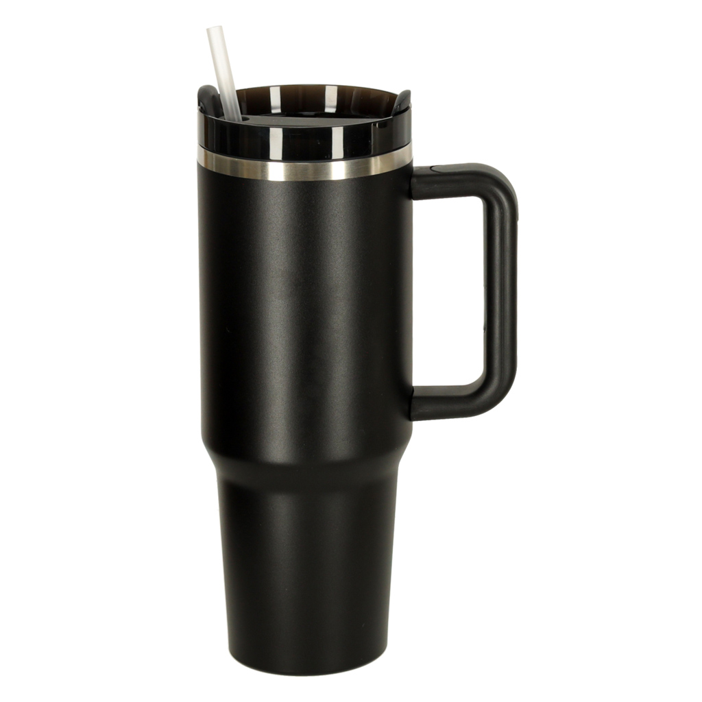 Termo puodelis su šiaudeliu ir rankenėle, 1200 ml, juodas