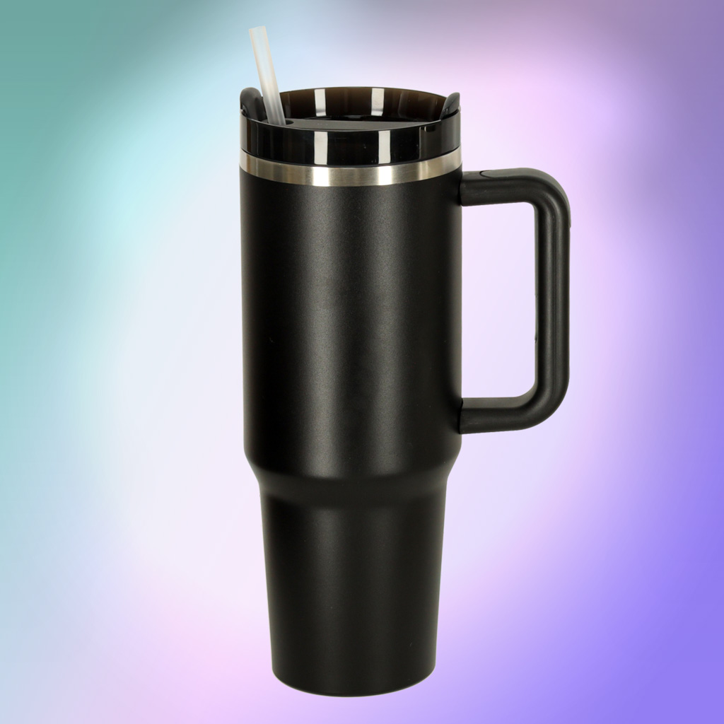 Termo puodelis su šiaudeliu ir rankenėle, 1200 ml, juodas