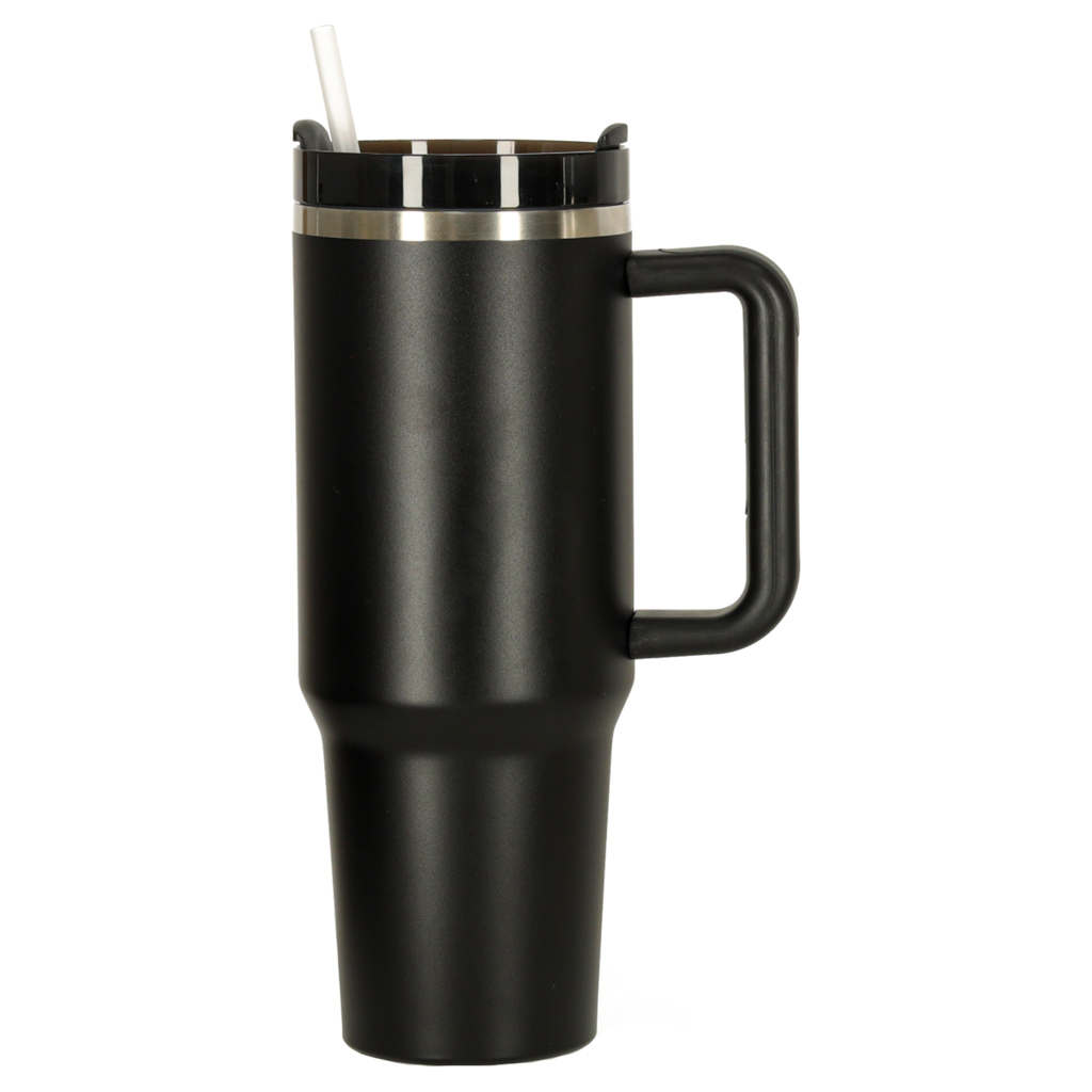 Termo puodelis su šiaudeliu ir rankenėle, 1200 ml, juodas