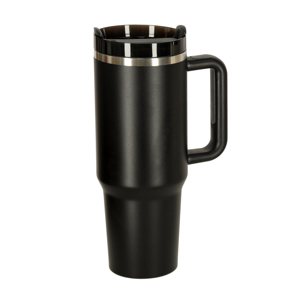 Termo puodelis su šiaudeliu ir rankenėle, 1200 ml, juodas