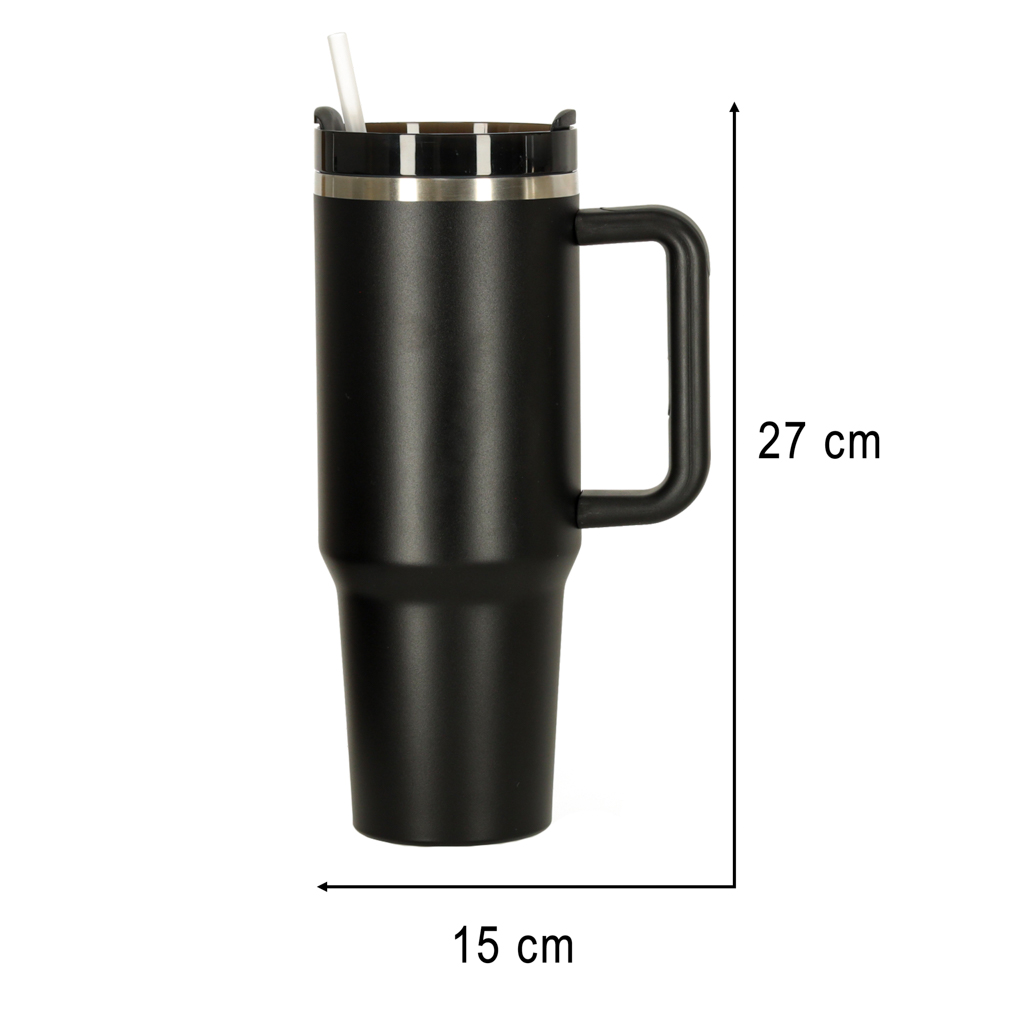 Termo puodelis su šiaudeliu ir rankenėle, 1200 ml, juodas