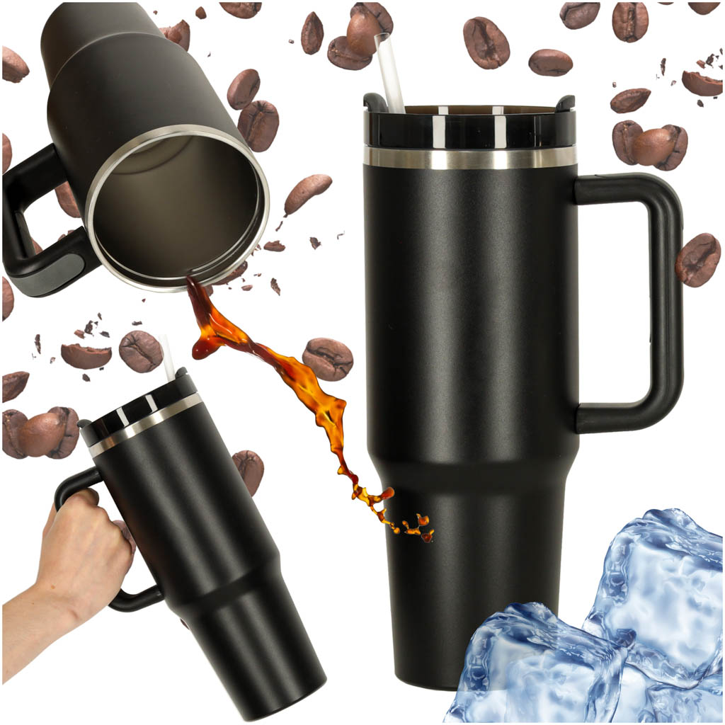 Termo puodelis su šiaudeliu ir rankenėle, 1200 ml, juodas