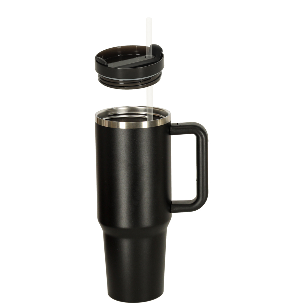 Termo puodelis su šiaudeliu ir rankenėle, 1200 ml, juodas