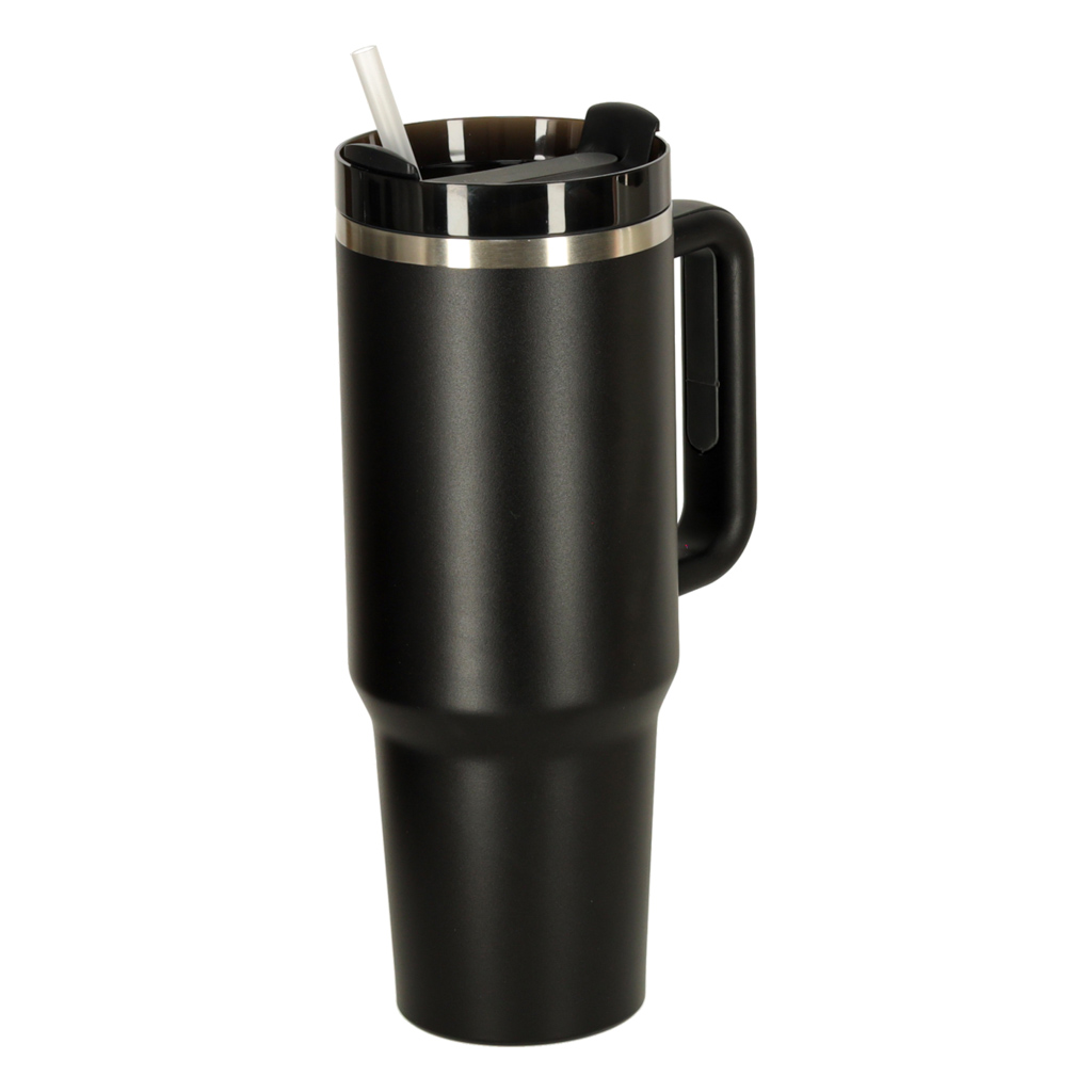Termo puodelis su šiaudeliu ir rankenėle, 1200 ml, juodas