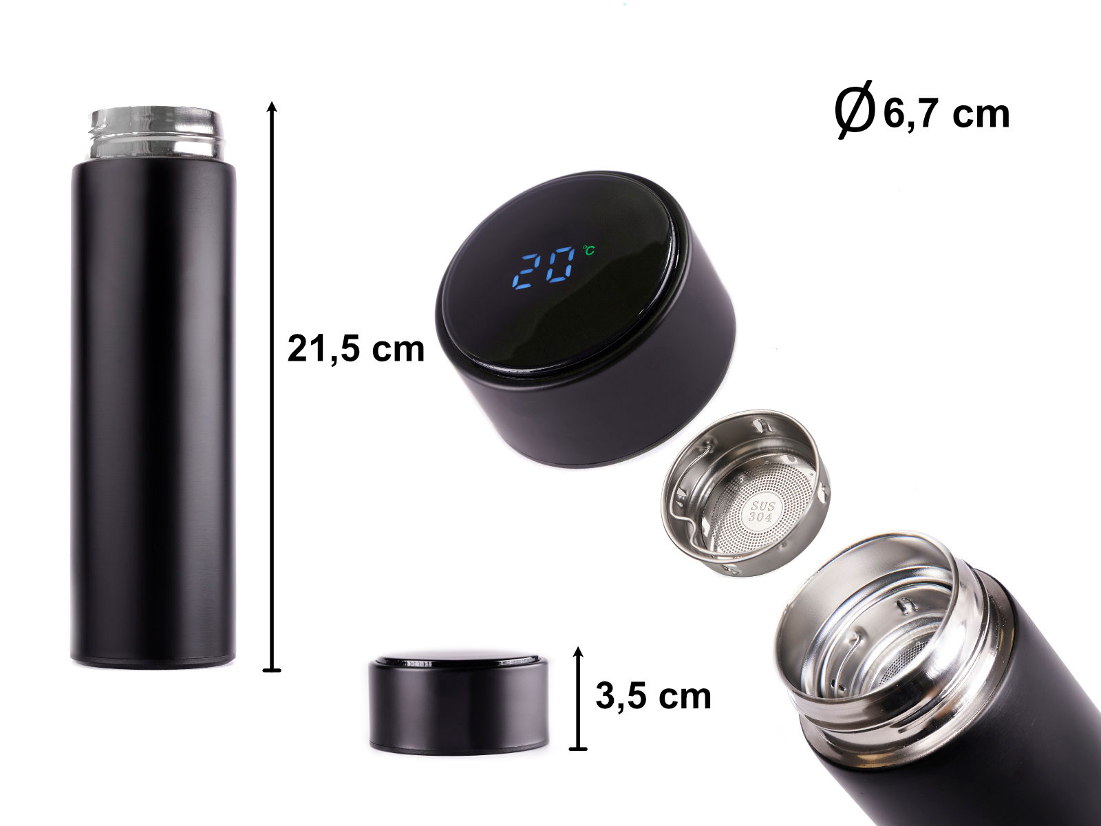 Išmanusis termo puodelis su sieteliu, juodas 500 ml