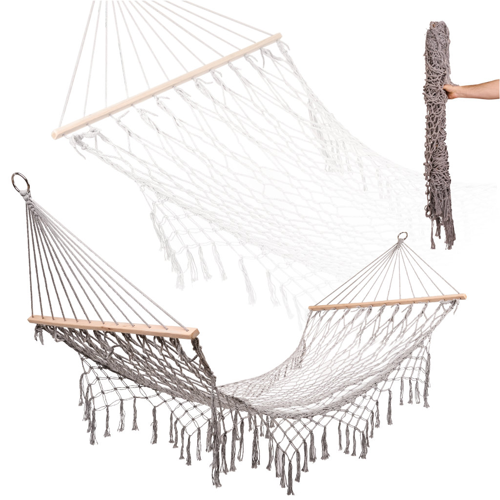 Sodo hamakas boho tinklelis su kutais 200 cm pilkos spalvos