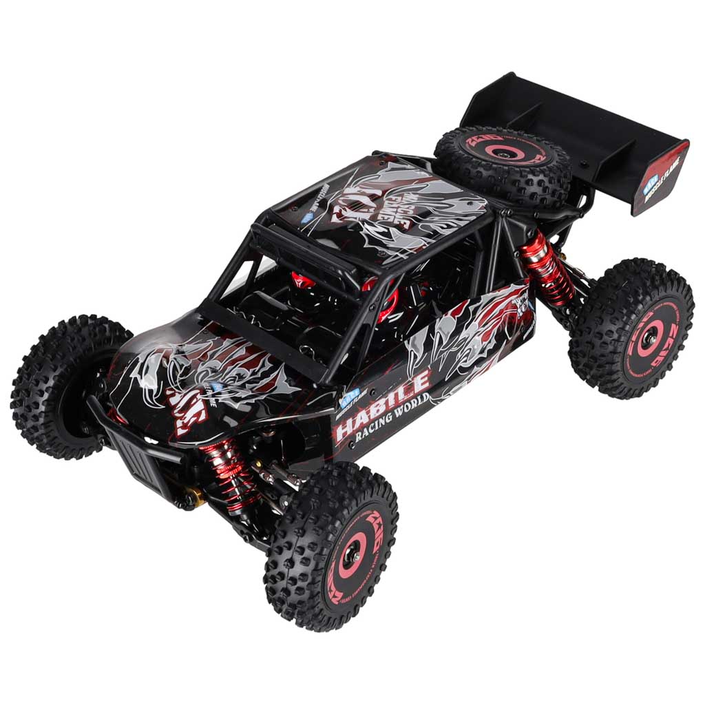 RC automobilis WLToys 124016 4WD su bešepetėliu varikliu, juodas su raudonais ir sidabriniais elementais, 35 × 21 × 13 cm 3