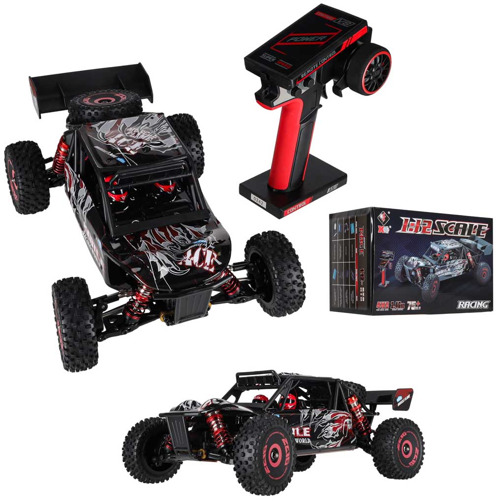 RC automobilis WLToys 124016 4WD su bešepetėliu varikliu, juodas su raudonais ir sidabriniais elementais, 35 × 21 × 13 cm