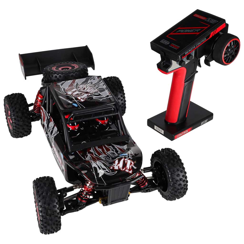 RC automobilis WLToys 124016 4WD su bešepetėliu varikliu, juodas su raudonais ir sidabriniais elementais, 35 × 21 × 13 cm