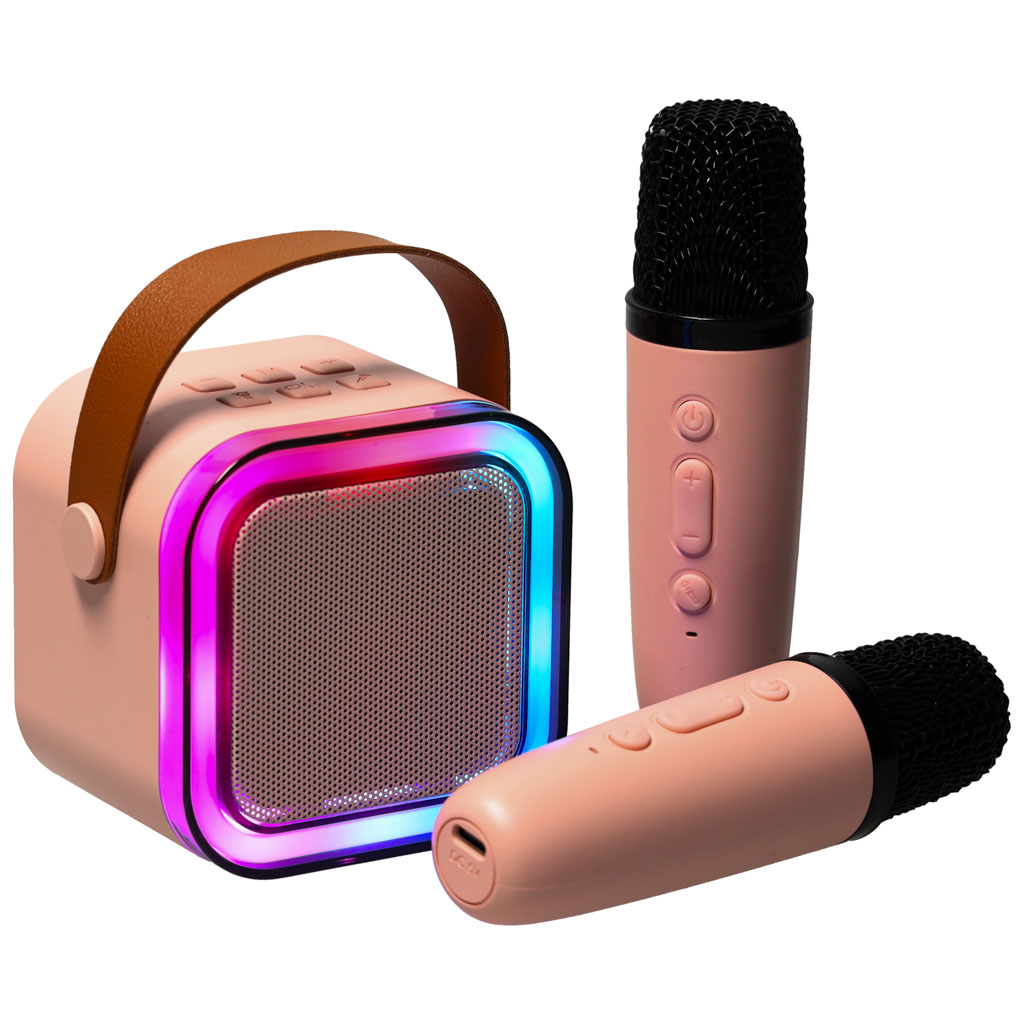 Karaokės rinkinys 2 mikrofonai + nešiojamas garsiakalbis bluetooth usb led rožinis