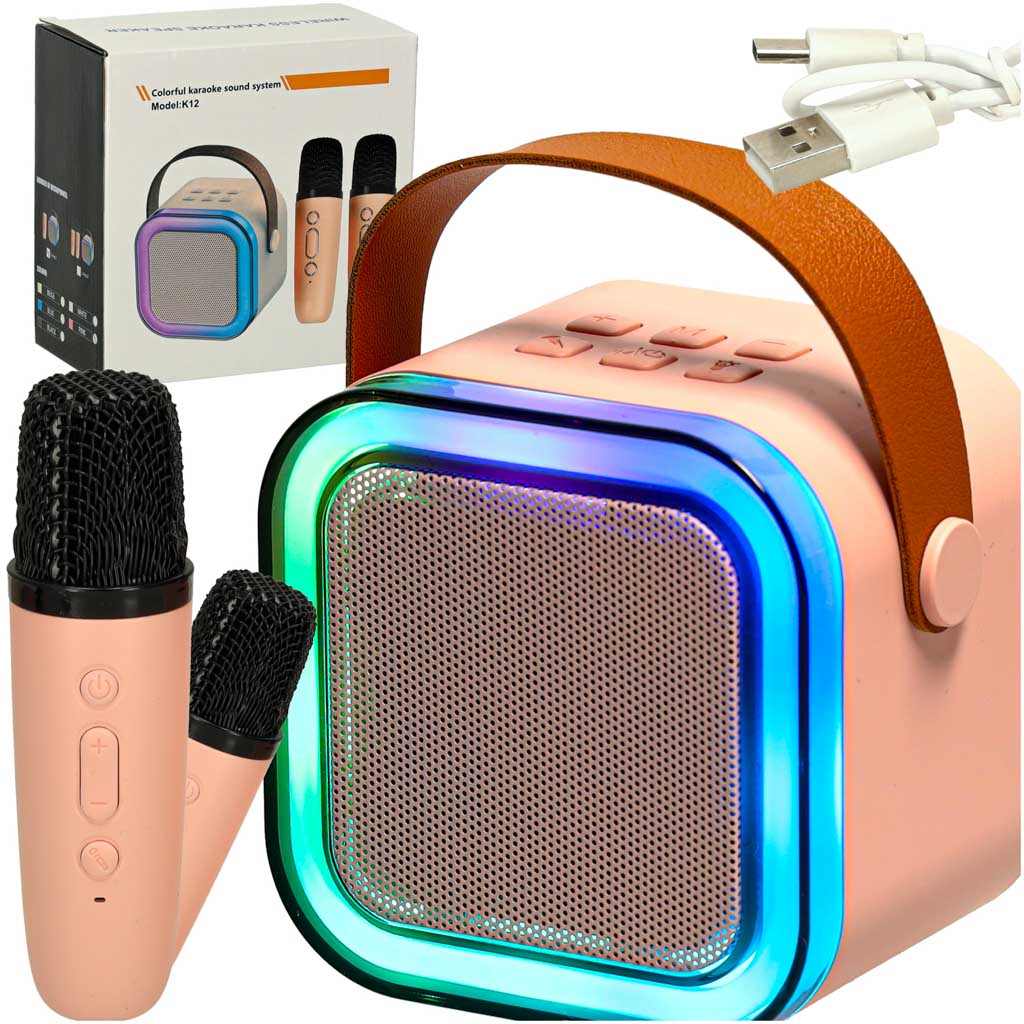 Karaokės rinkinys 2 mikrofonai + nešiojamas garsiakalbis bluetooth usb led rožinis