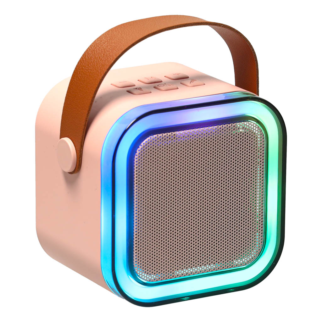 Karaokės rinkinys 2 mikrofonai + nešiojamas garsiakalbis bluetooth usb led rožinis