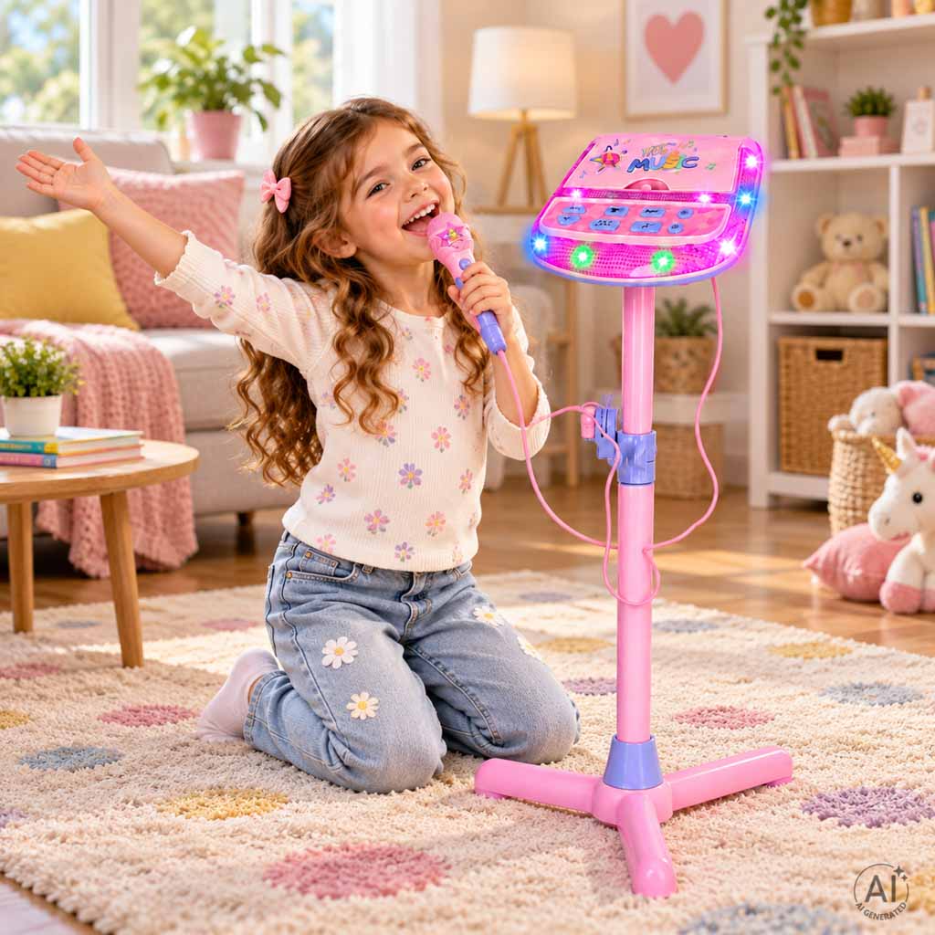 Karaokės mikrofonas ant stovo su garso efektais, rožinis ir violetinis, 85–93 cm