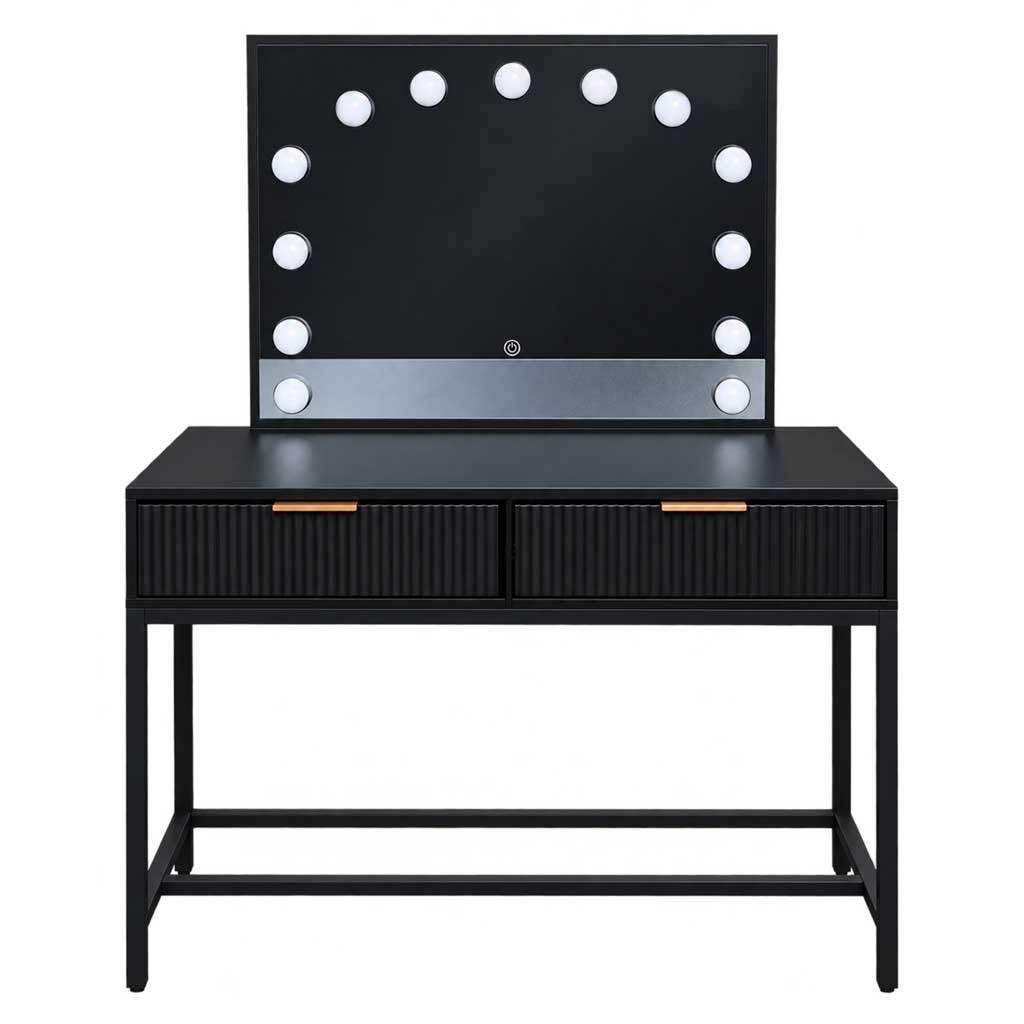 Kosmētikas galds ar LED spoguli un atvilktni, melns ar brūnām detaļām, 143 × 104 × 50 cm 2