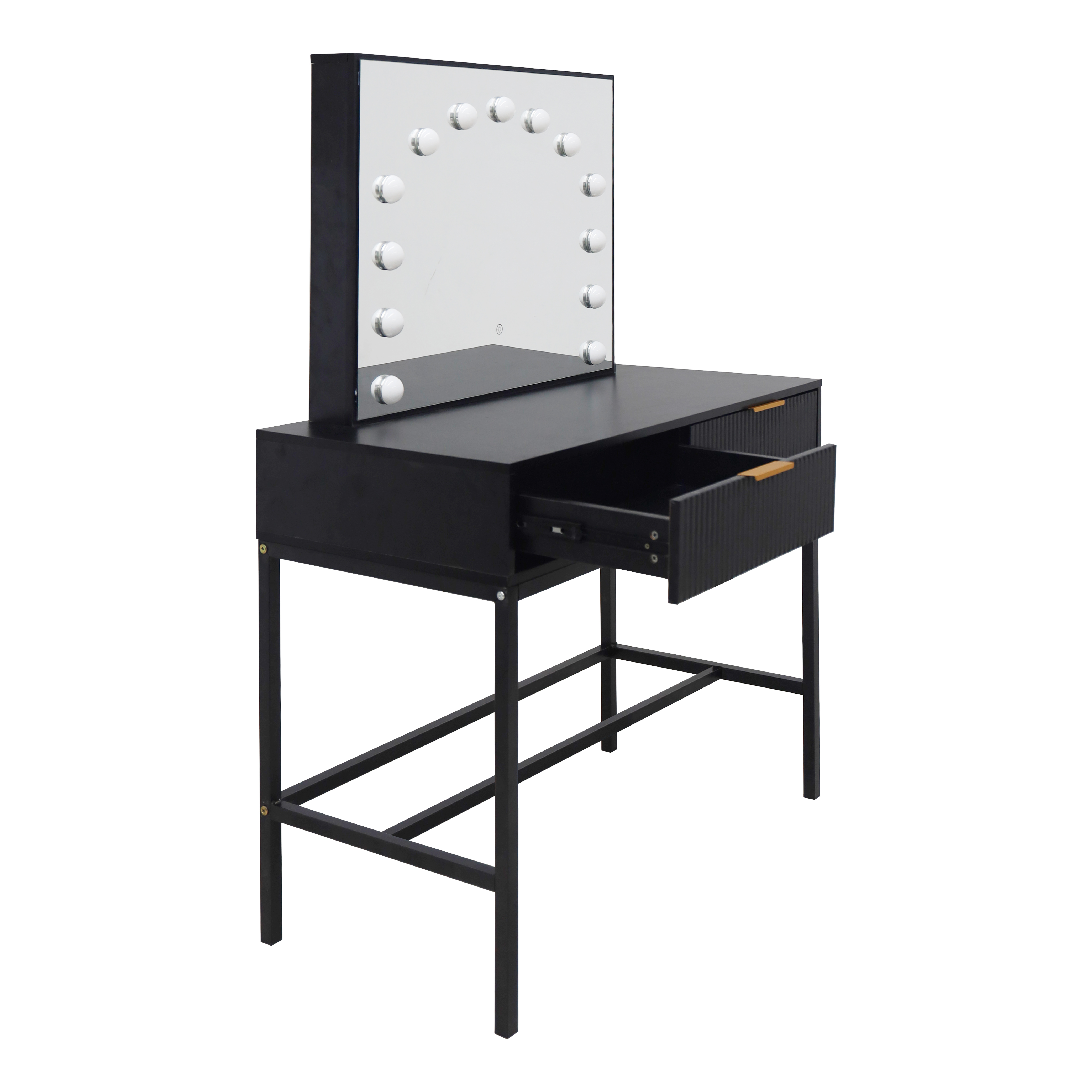 Kosmētikas galds ar LED spoguli un atvilktni, melns ar brūnām detaļām, 143 × 104 × 50 cm