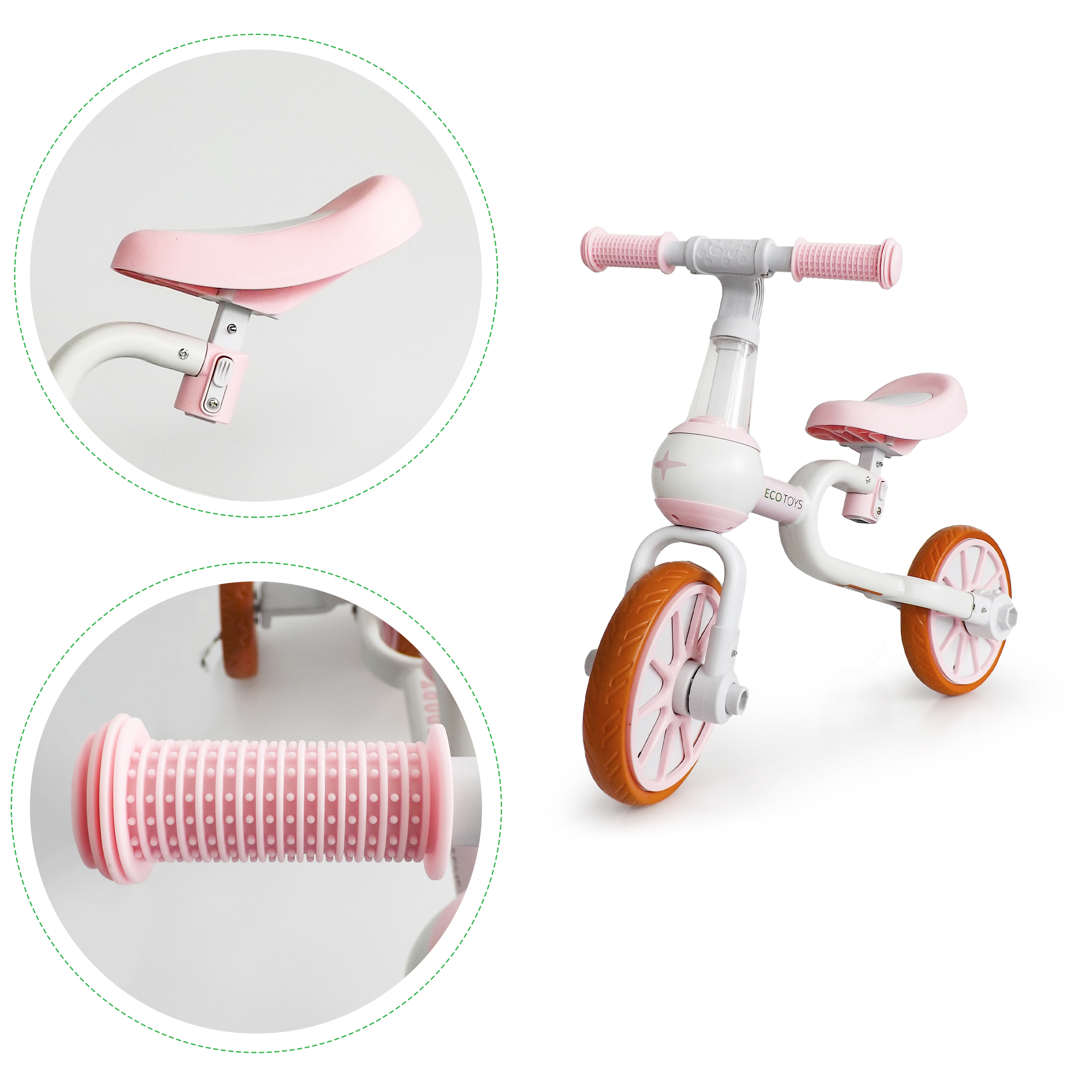 Balansinis dviratis su pedalais ir šoniniais ratais Ecotoys 4in1, baltas/rožinis