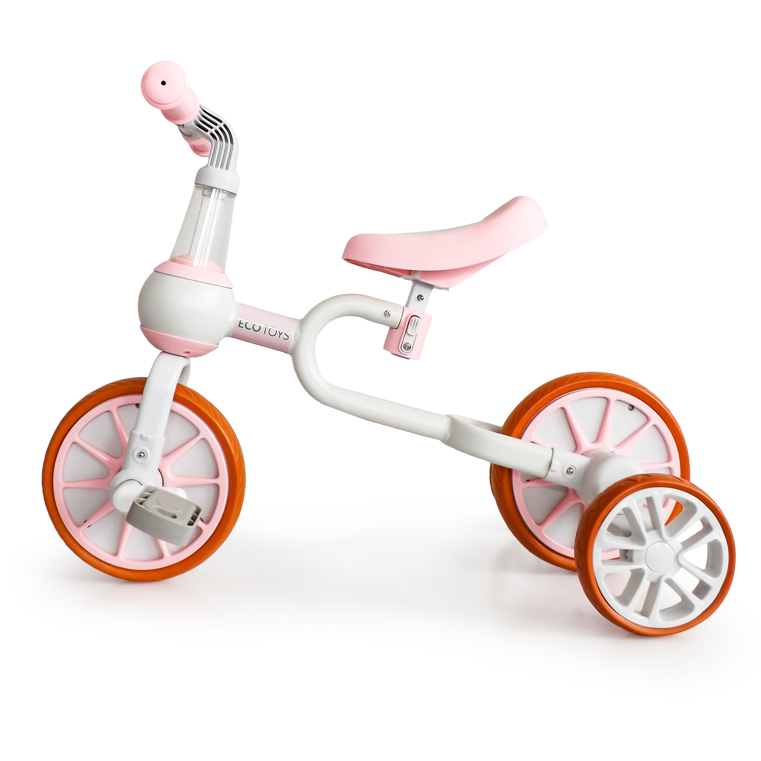 Balansinis dviratis su pedalais ir šoniniais ratais Ecotoys 4in1, baltas/rožinis