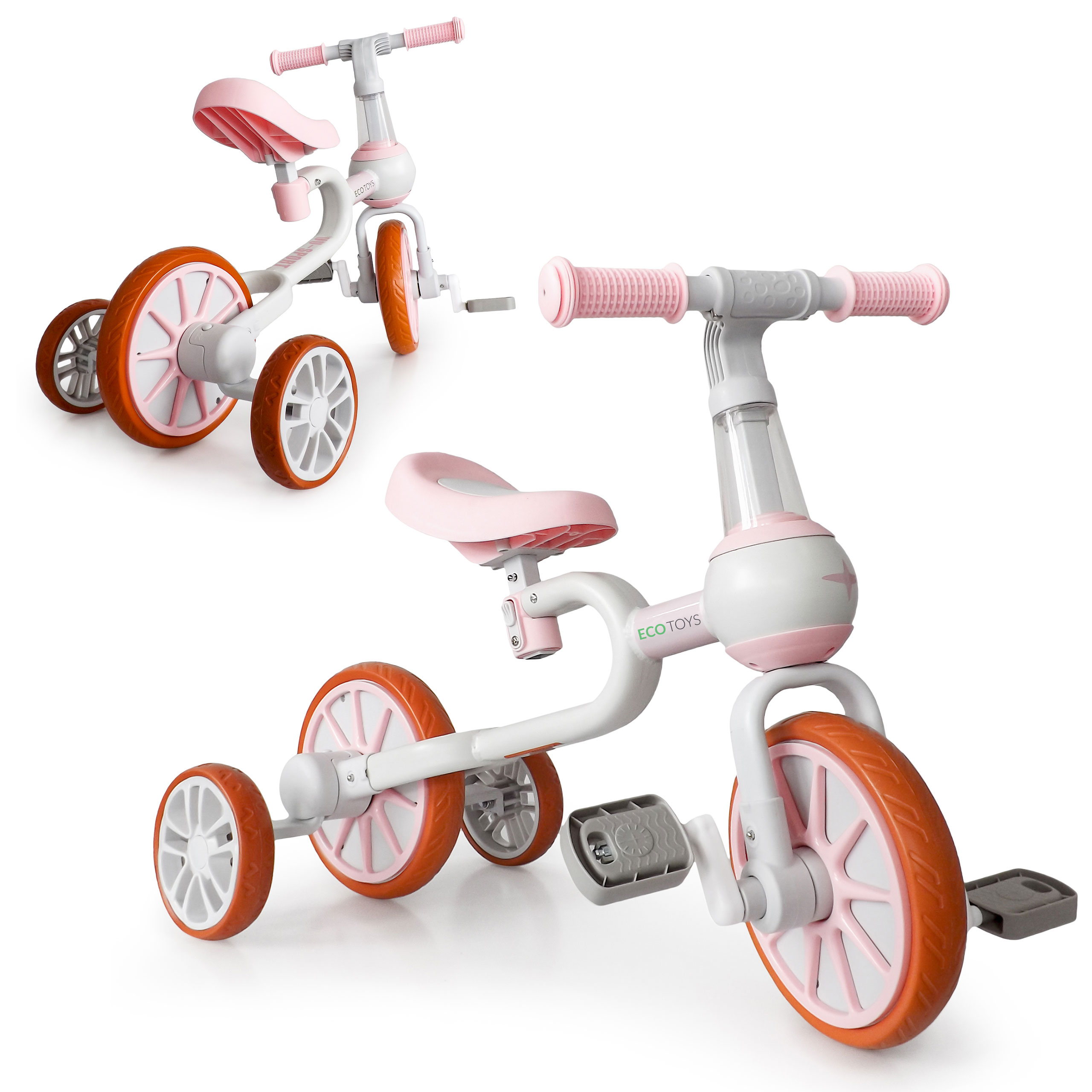Balansinis dviratis su pedalais ir šoniniais ratais Ecotoys 4in1, baltas/rožinis