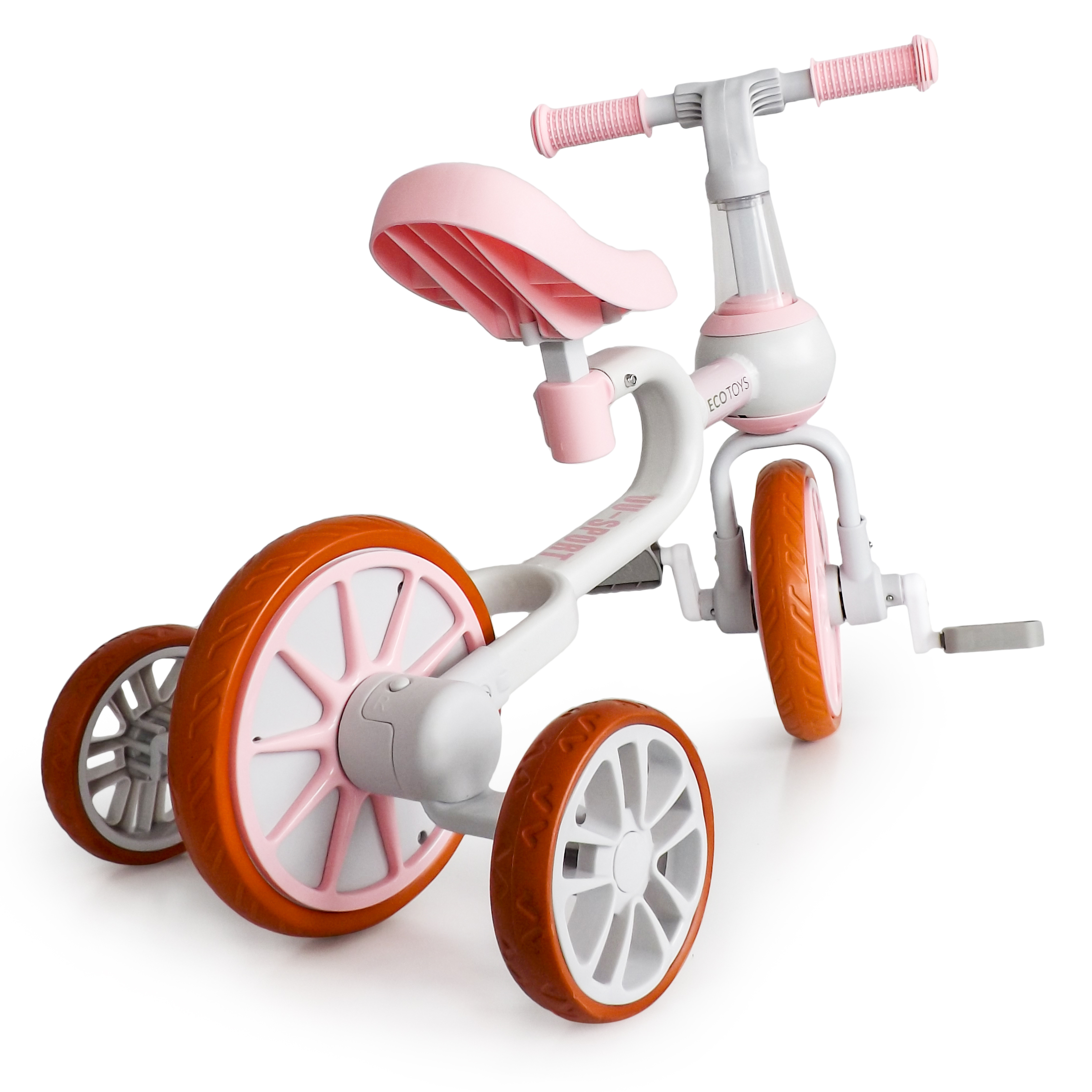 Balansinis dviratis su pedalais ir šoniniais ratais Ecotoys 4in1, baltas/rožinis