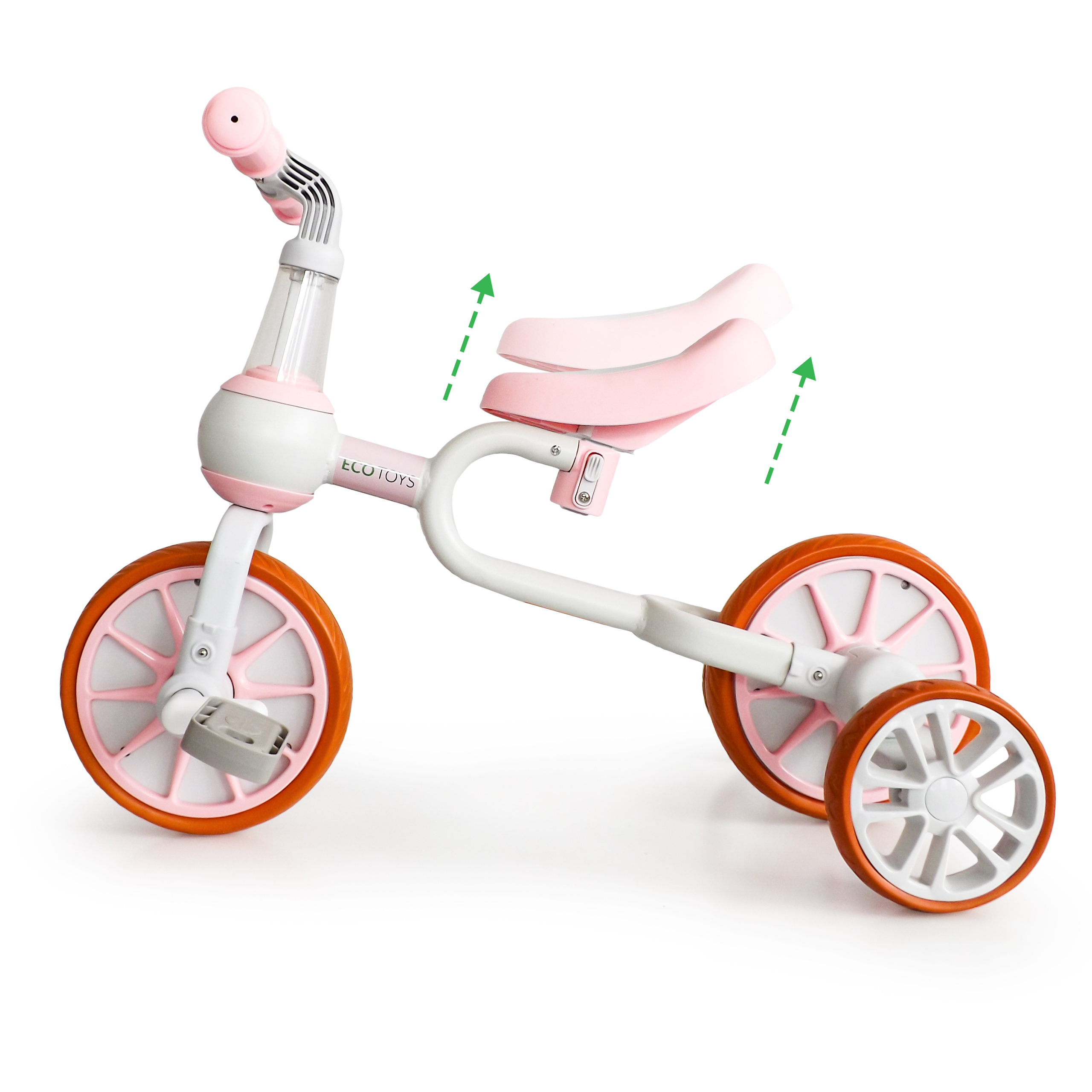 Balansinis dviratis su pedalais ir šoniniais ratais Ecotoys 4in1, baltas/rožinis