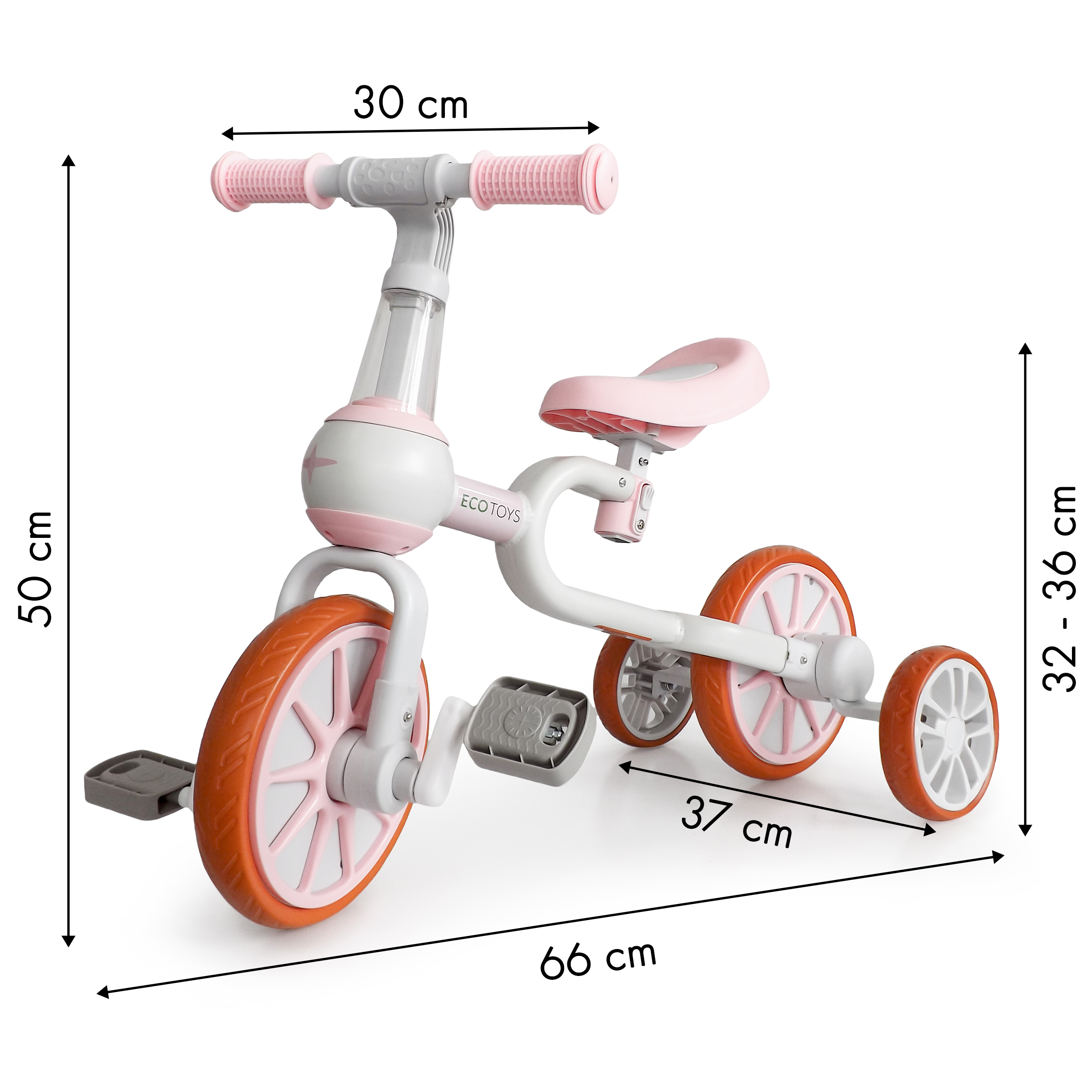 Balansinis dviratis su pedalais ir šoniniais ratais Ecotoys 4in1, baltas/rožinis