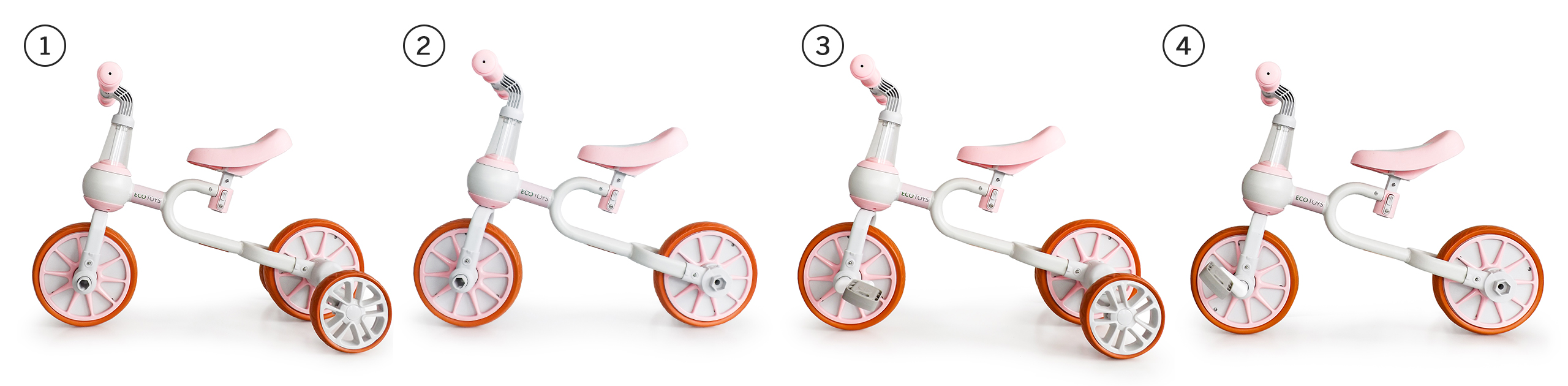 Balansinis dviratis su pedalais ir šoniniais ratais Ecotoys 4in1, baltas/rožinis
