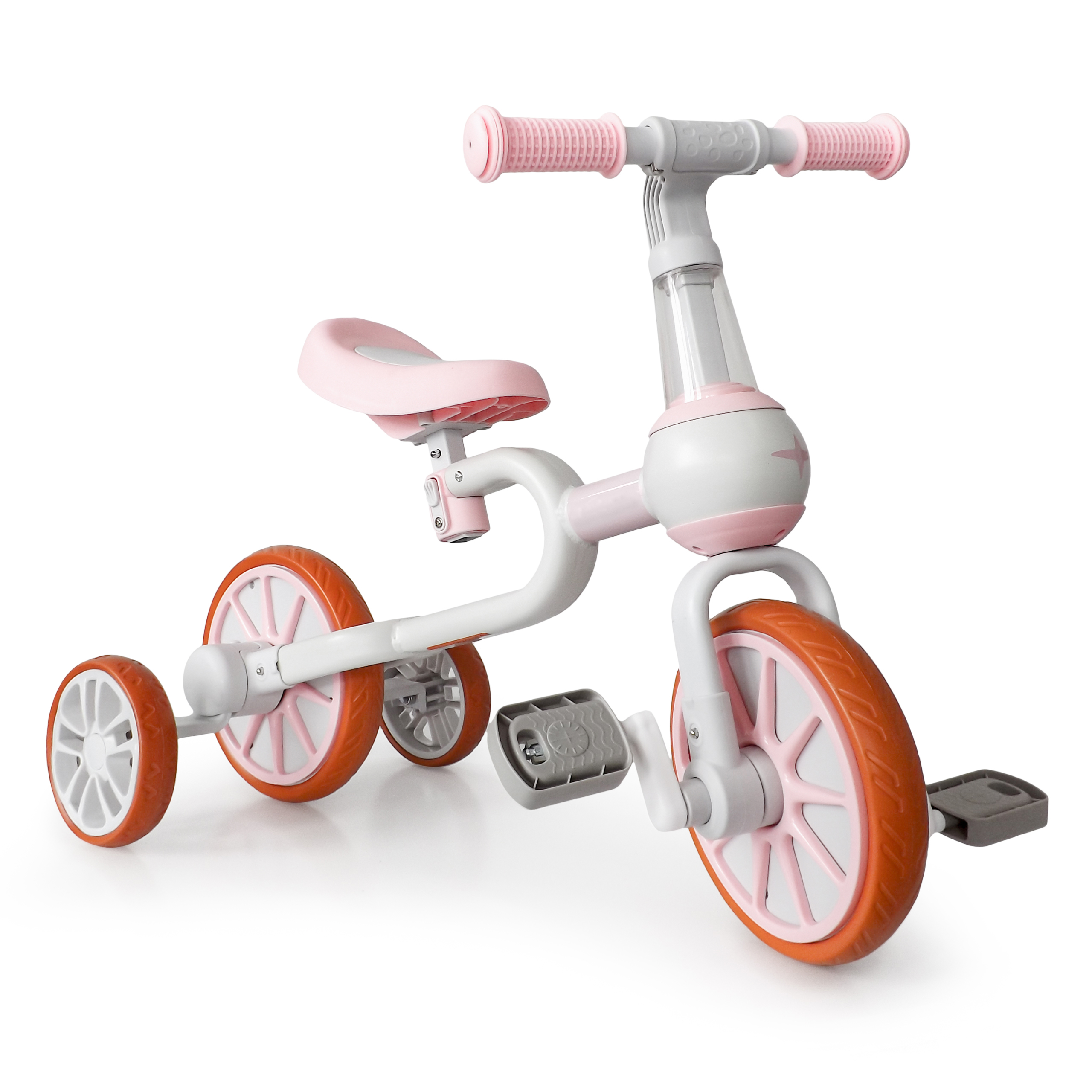 Balansinis dviratis su pedalais ir šoniniais ratais Ecotoys 4in1, baltas/rožinis