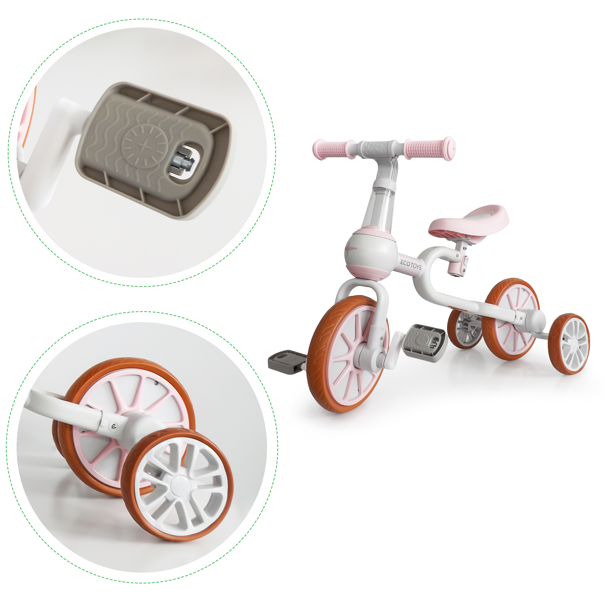Balansinis dviratis su pedalais ir šoniniais ratais Ecotoys 4in1, baltas/rožinis