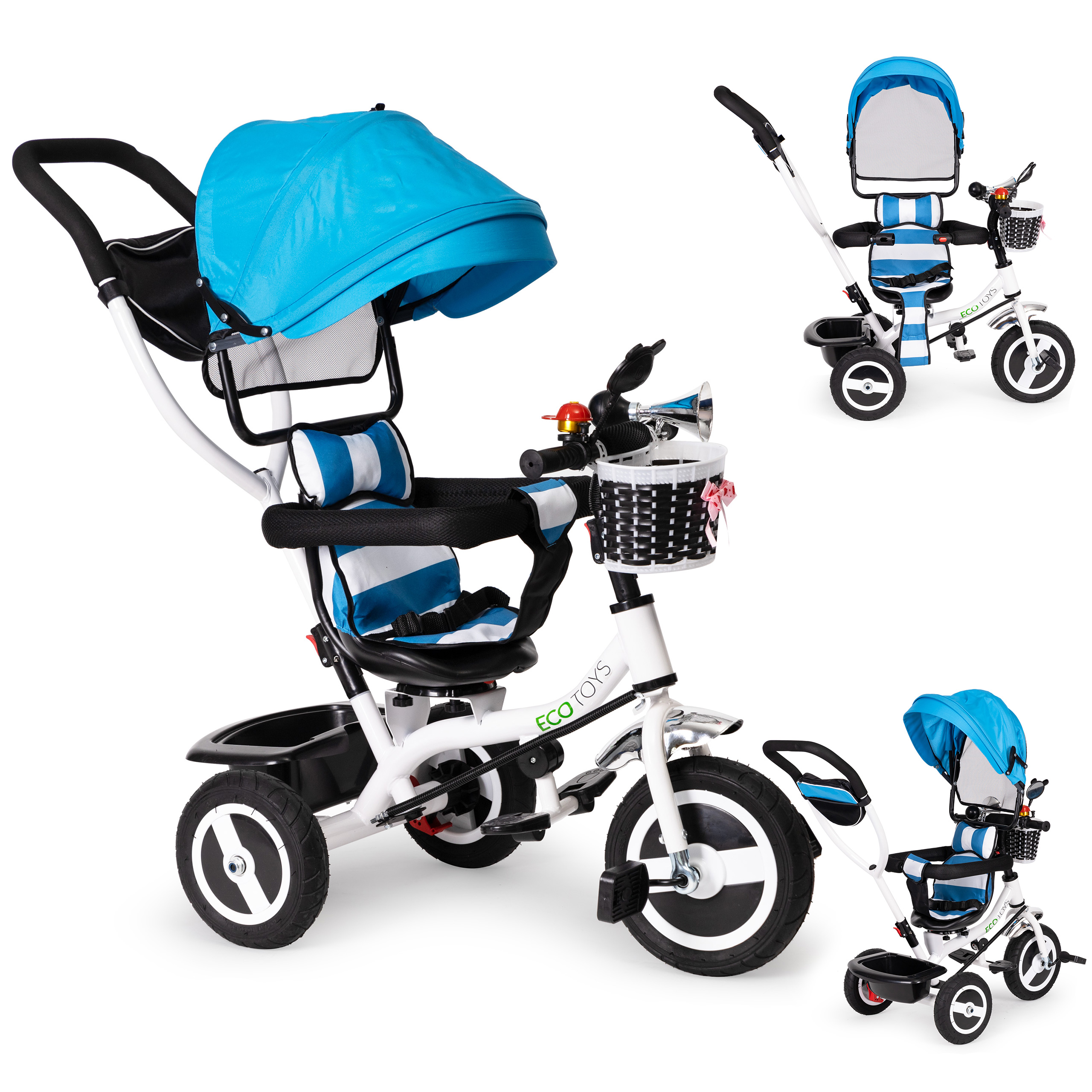 Stumiamas triratukas ecotoys, mėlyna/balta