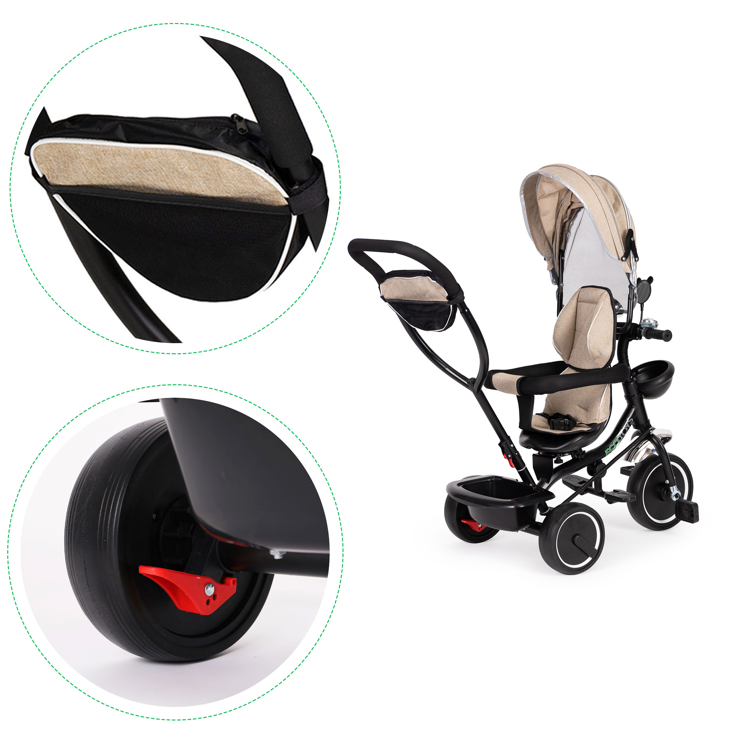 Triratukas eco toys su besisukančia sėdyne, smėlio spalvos