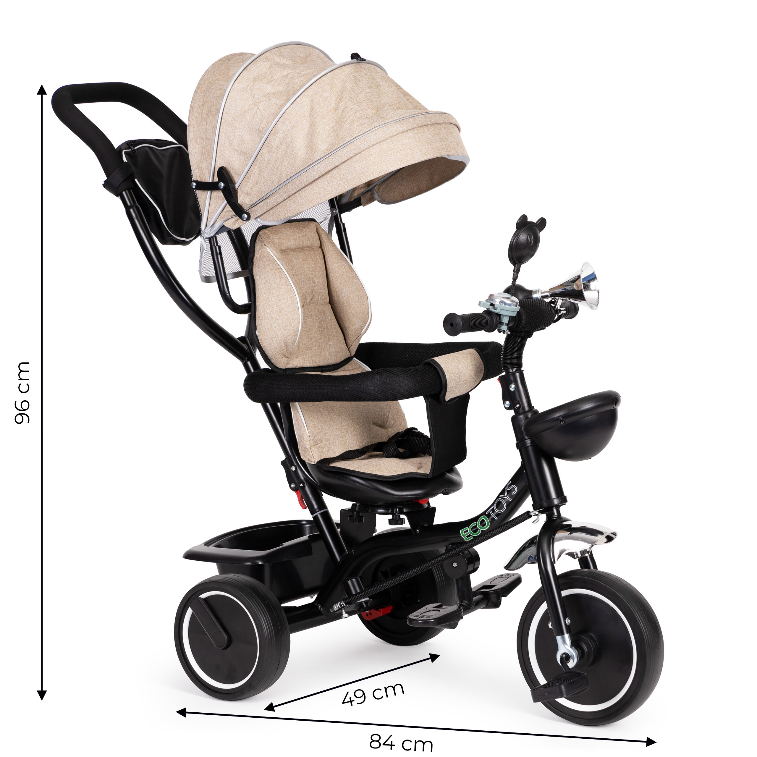 Triratukas eco toys su besisukančia sėdyne, smėlio spalvos