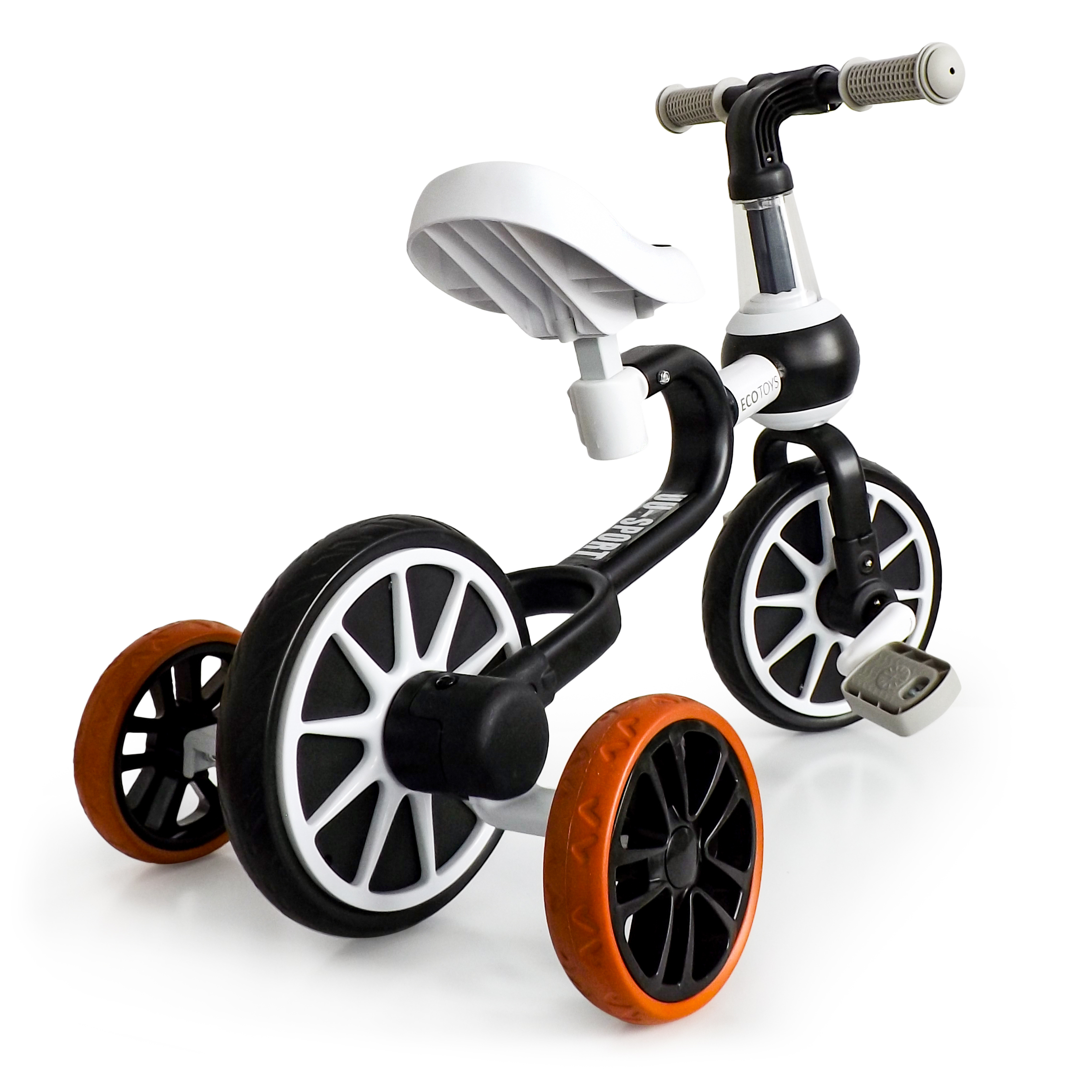 Balansinis dviratis su pedalais ir šoniniais ratais Ecotoys 4in1, juodas/baltas
