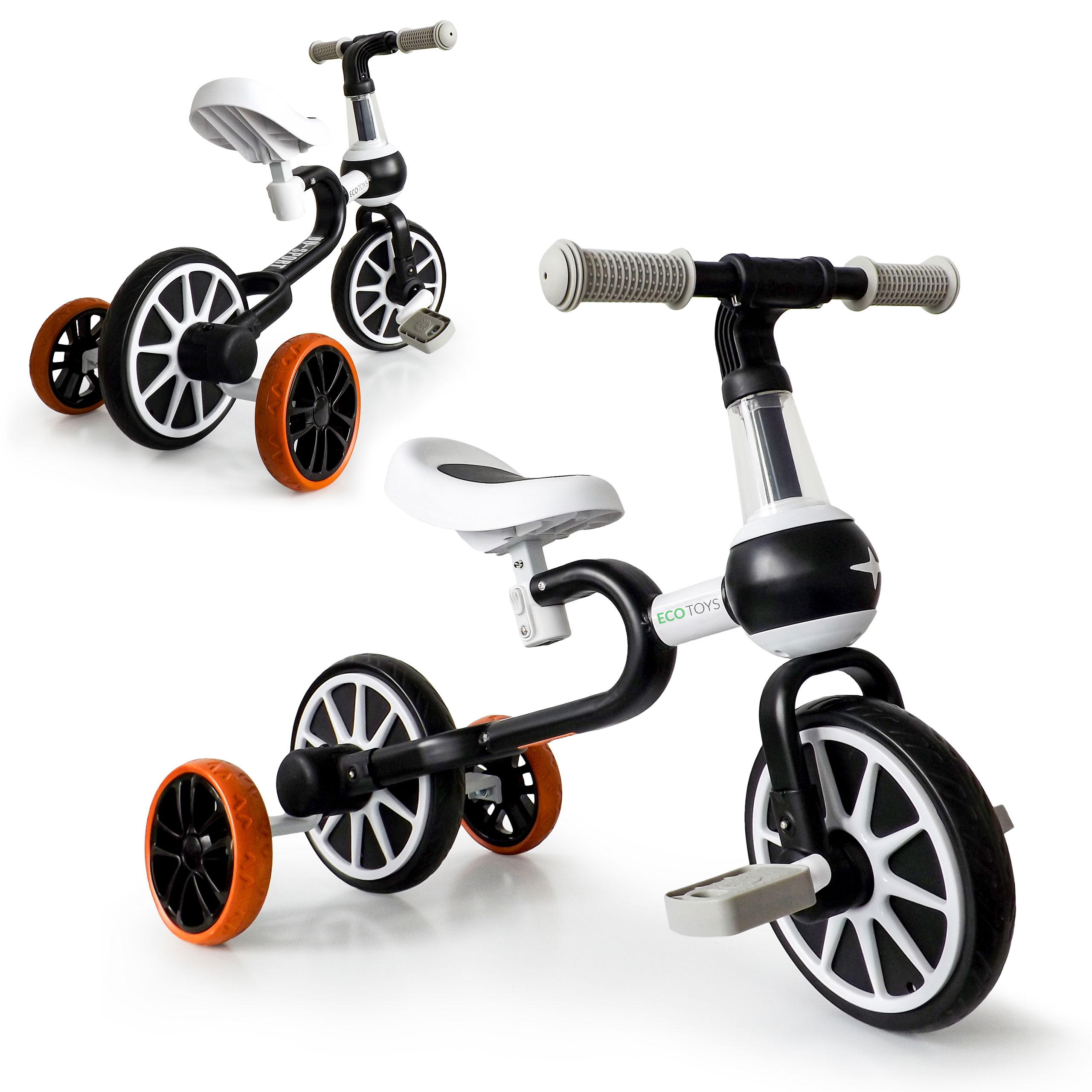Balansinis dviratis su pedalais ir šoniniais ratais Ecotoys 4in1, juodas/baltas