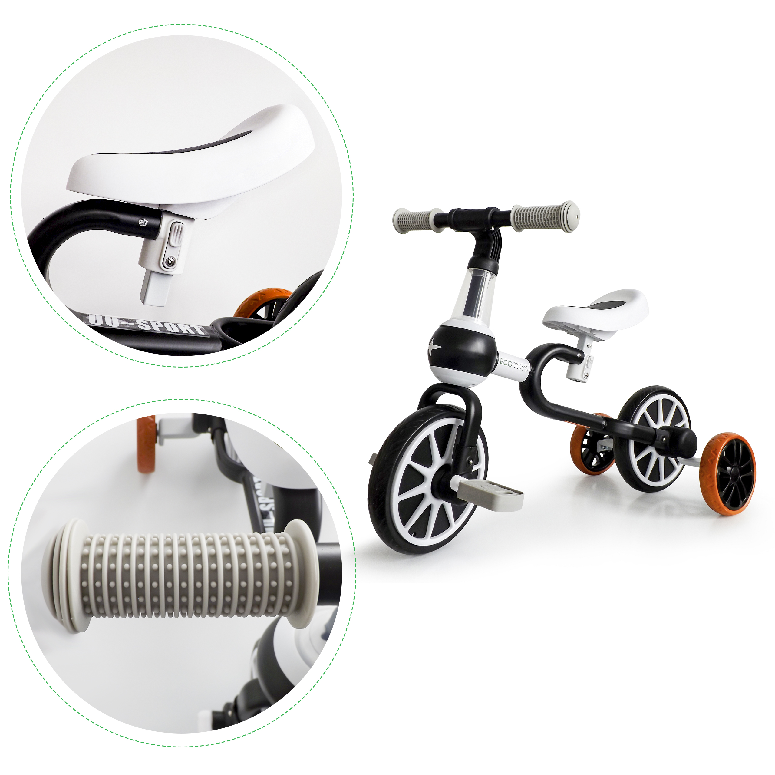 Balansinis dviratis su pedalais ir šoniniais ratais Ecotoys 4in1, juodas/baltas