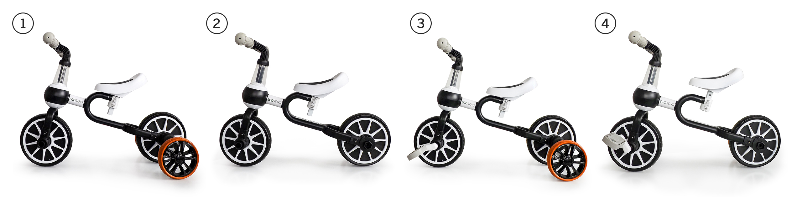 Balansinis dviratis su pedalais ir šoniniais ratais Ecotoys 4in1, juodas/baltas