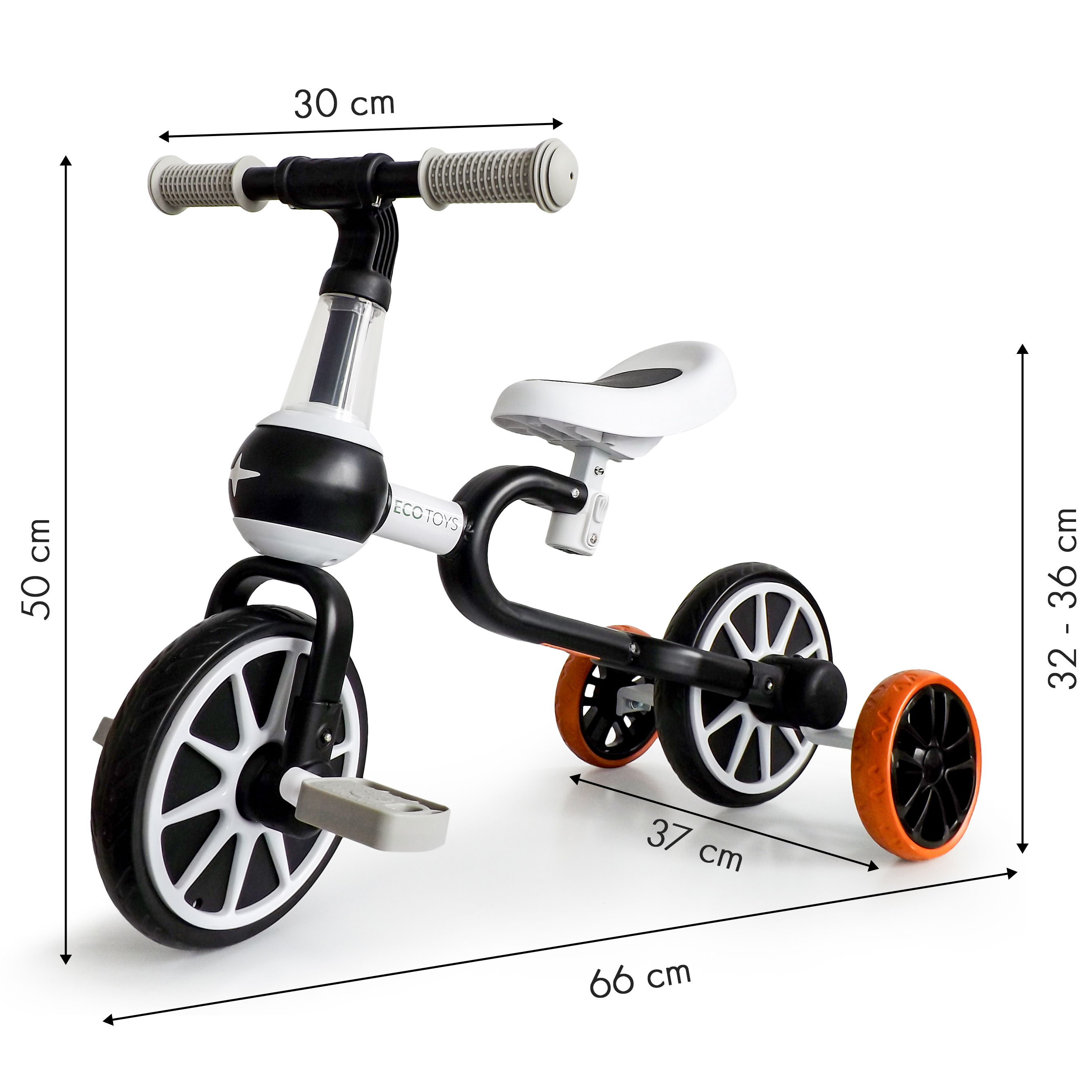 Balansinis dviratis su pedalais ir šoniniais ratais Ecotoys 4in1, juodas/baltas