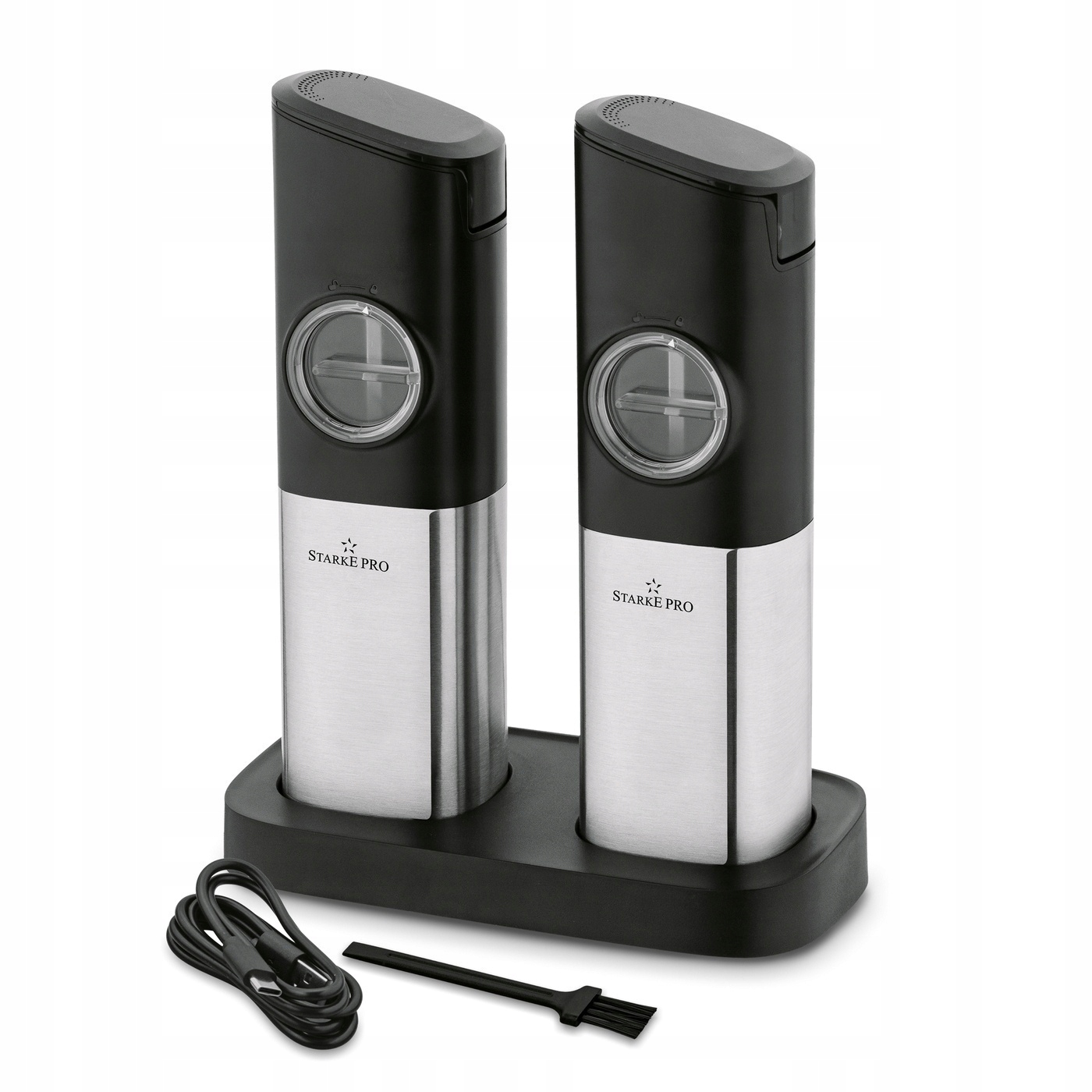 Elektrinių druskos ir pipirų malūnėlių Starke Pro Magna rinkinys - 2 vnt., USB Type-C įkrovimo stotelė su laidu, valymo šepetėlis
