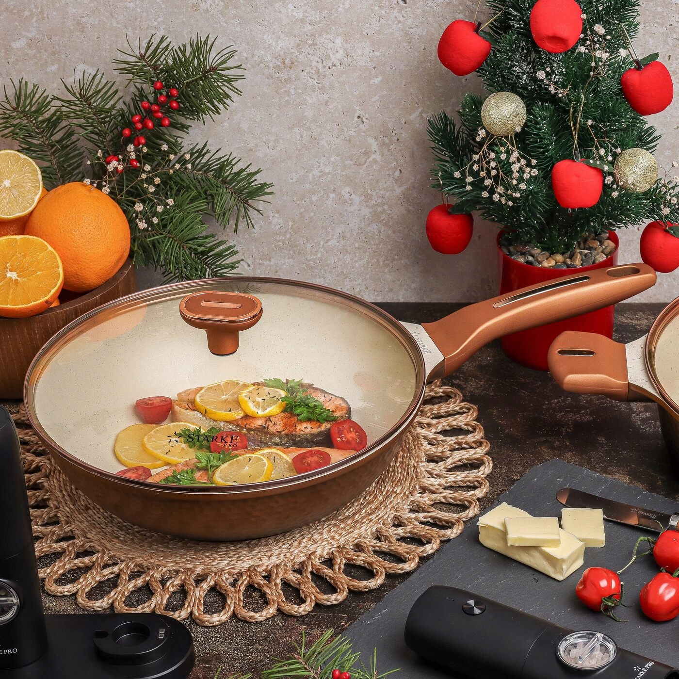 Wok keptuvė starke pro texture su stikliniu dangčiu - ⌀28 cm, neprideganti trisluoksnė danga