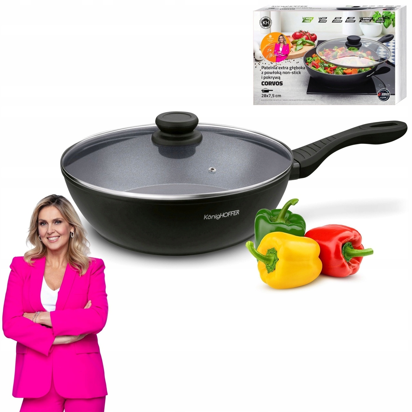 Gili keptuvė konighoffer corvos su stikliniu dangčiu - 3.5l, ⌀28 cm, neprideganti danga