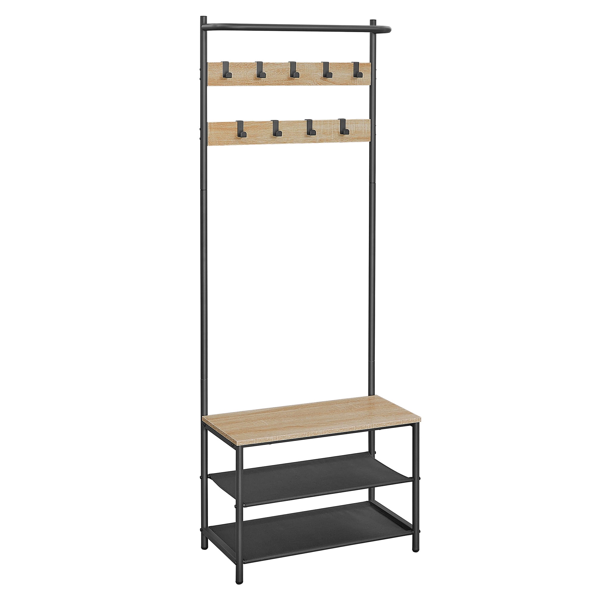 Pastatoma drabužių kabykla su sėdyne ir 2 batų lentynomis,  juoda, 64 × 32,2 × 180 cm