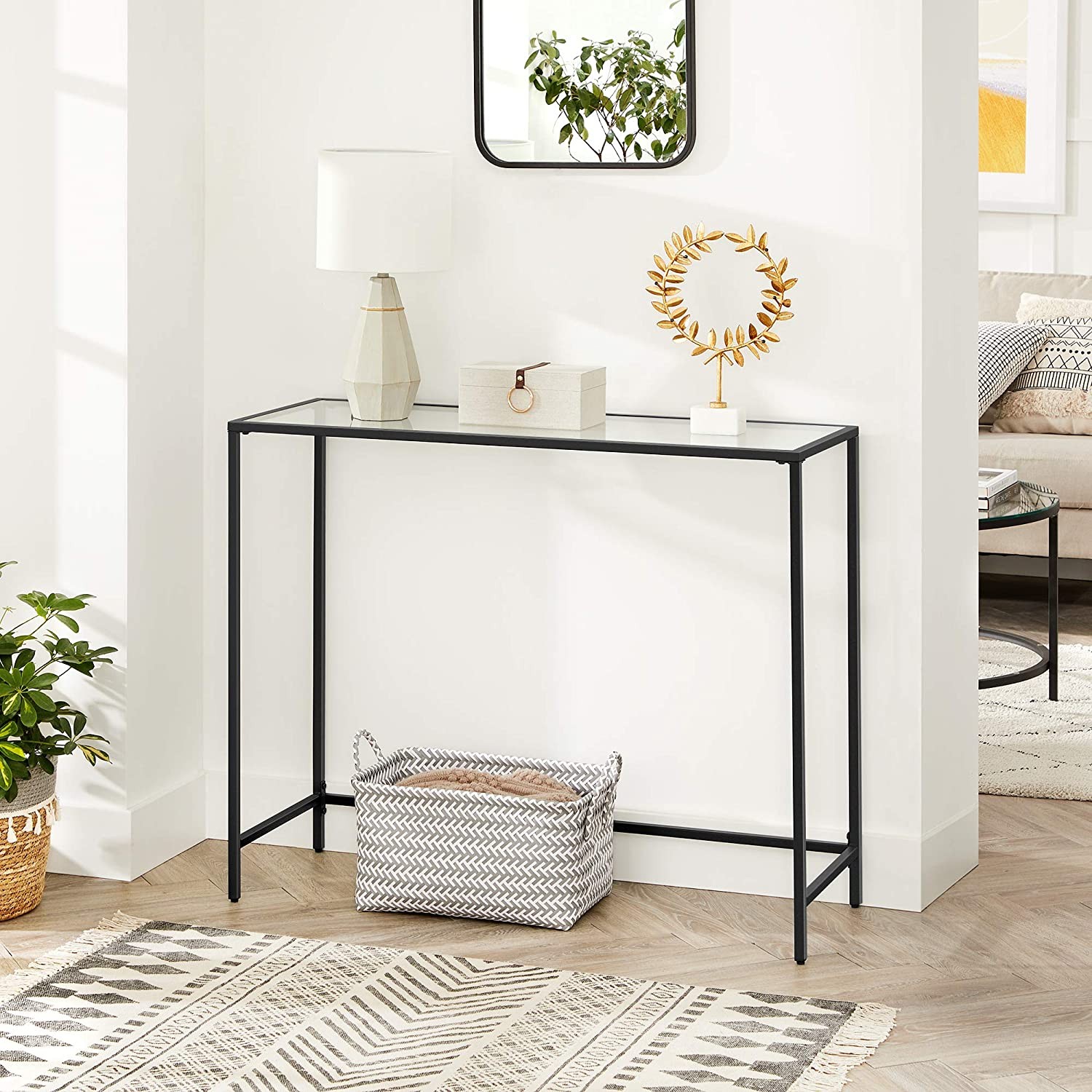 Konsoles galds ar grūdināta stikla virsmu, melns un caurspīdīgs, 100 × 35 × 80 cm