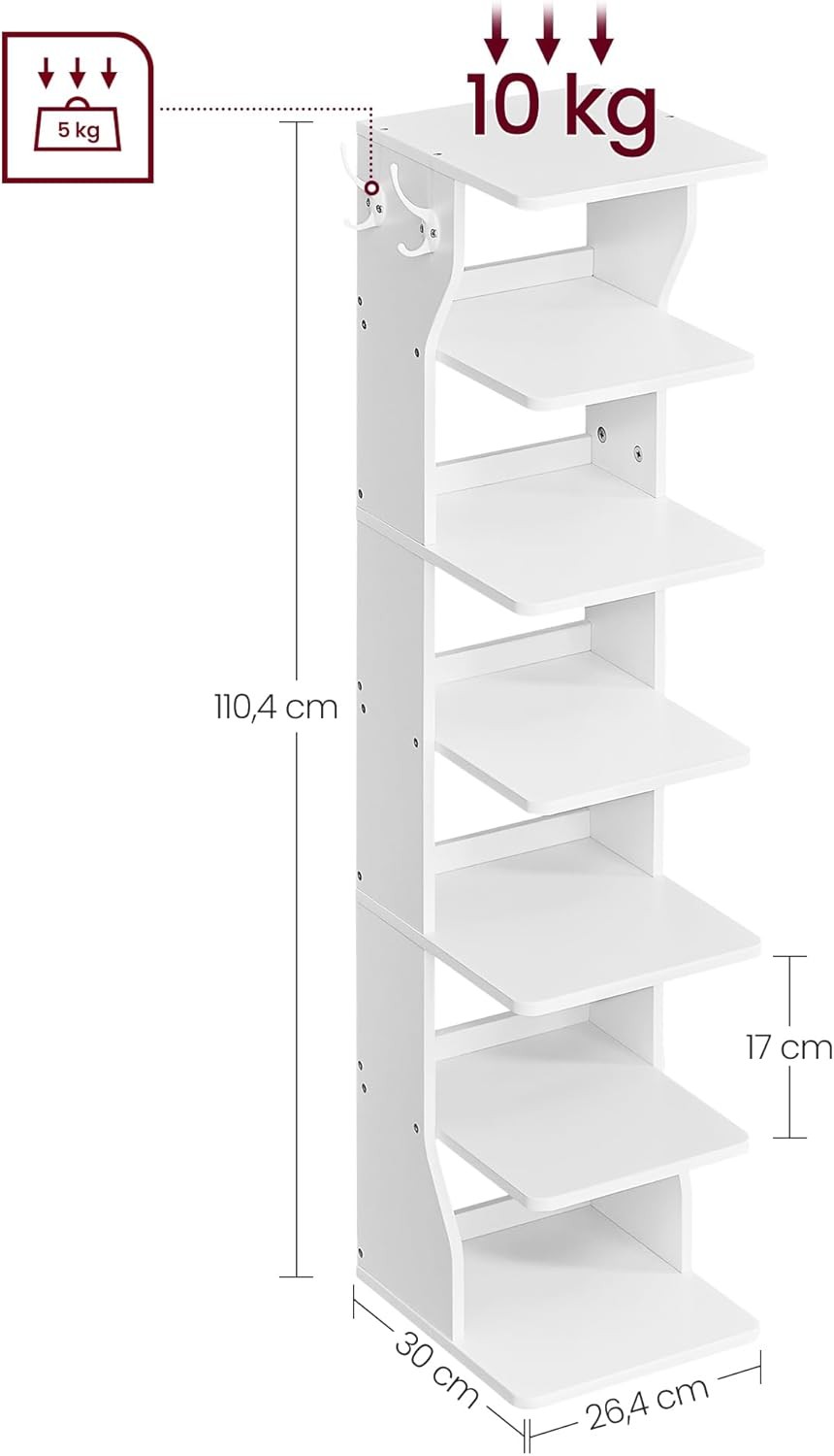 Kurpju plaukts ar 6 plauktiem un 2 āķiem, balts, 26,4 × 30 × 110,4 cm 2