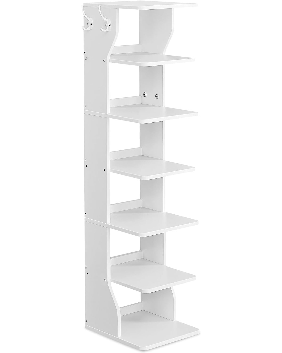 Kurpju plaukts ar 6 plauktiem un 2 āķiem, balts, 26,4 × 30 × 110,4 cm