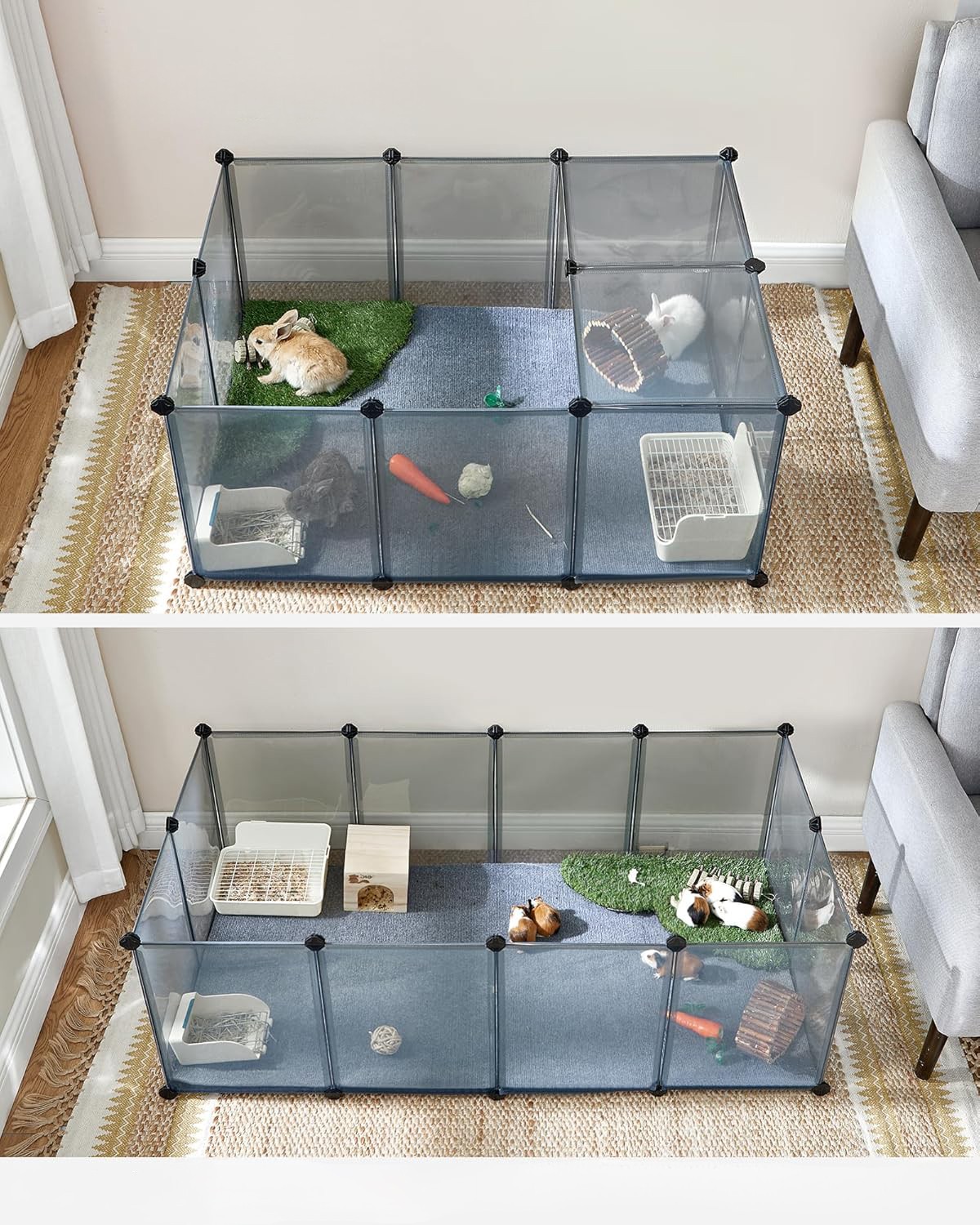Aptvaras mažiems gyvūnams modulinis su skaidriomis plokštėmis, pilkas ir juodas, 143 × 73 × 46 cm