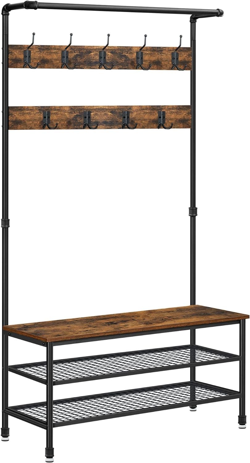 Drabužių kabykla su sėdyne ir 2 batų lentynomis, ruda ir juoda, 100 × 41,5 × 182 cm