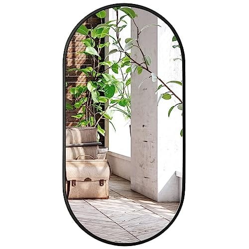 Veidrodis ovalus su aliuminio rėmu, juodas, 80 × 40 cm